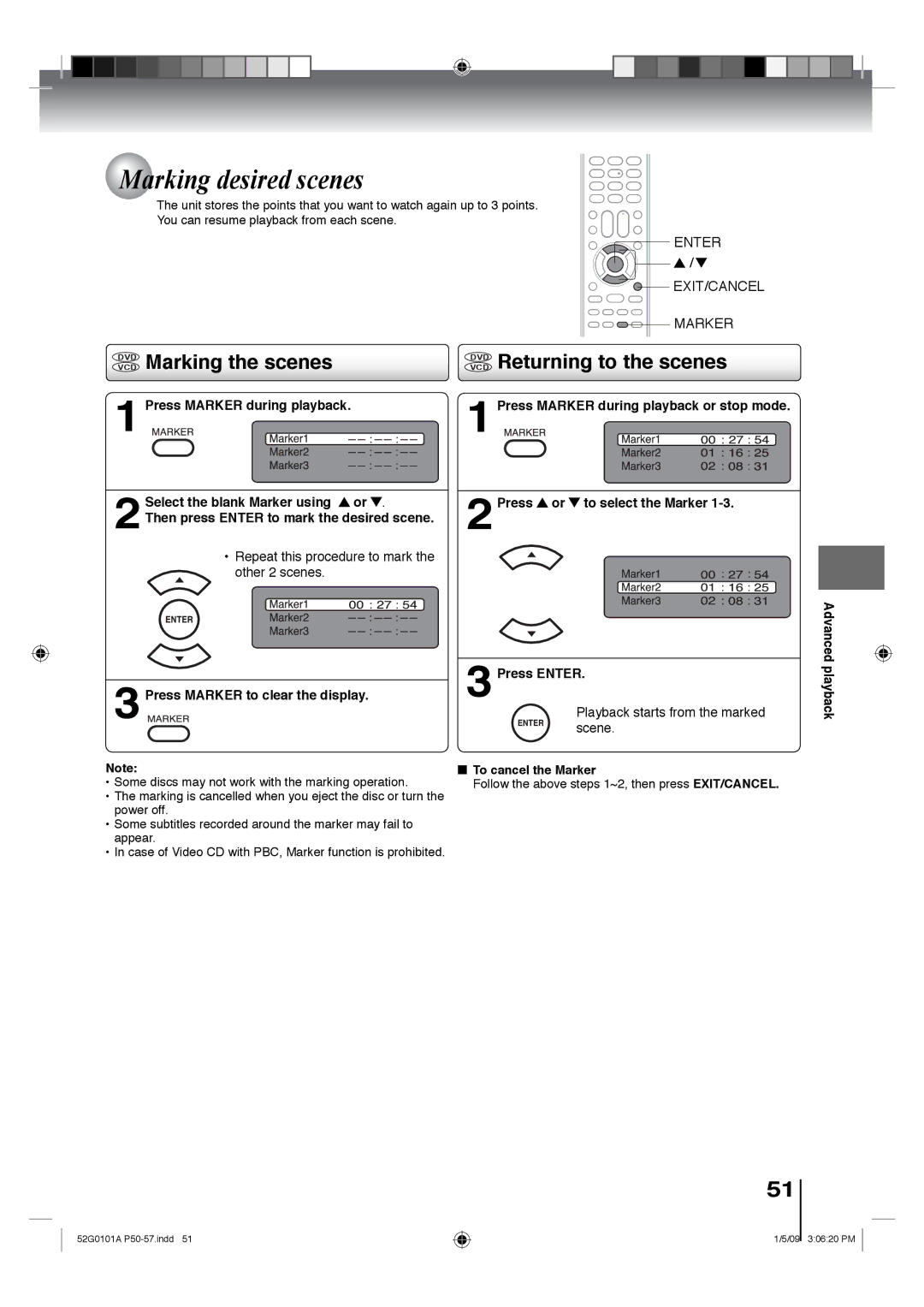 Toshiba 22LV610U, 26LV610U, 22LV611U Marking desired scenes, Dvdvcd Marking the scenes, Dvdvcd Returning to the scenes 