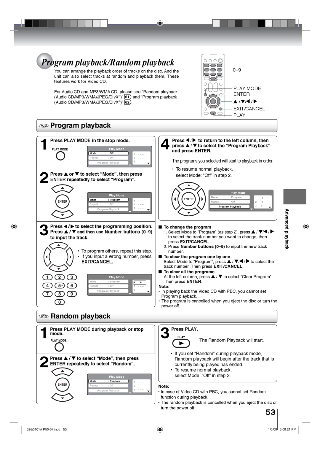 Toshiba 19LV611U, 26LV610U, 22LV610U, 22LV611U Program playback/Random playback, VCD Program playback, CD Random playback 