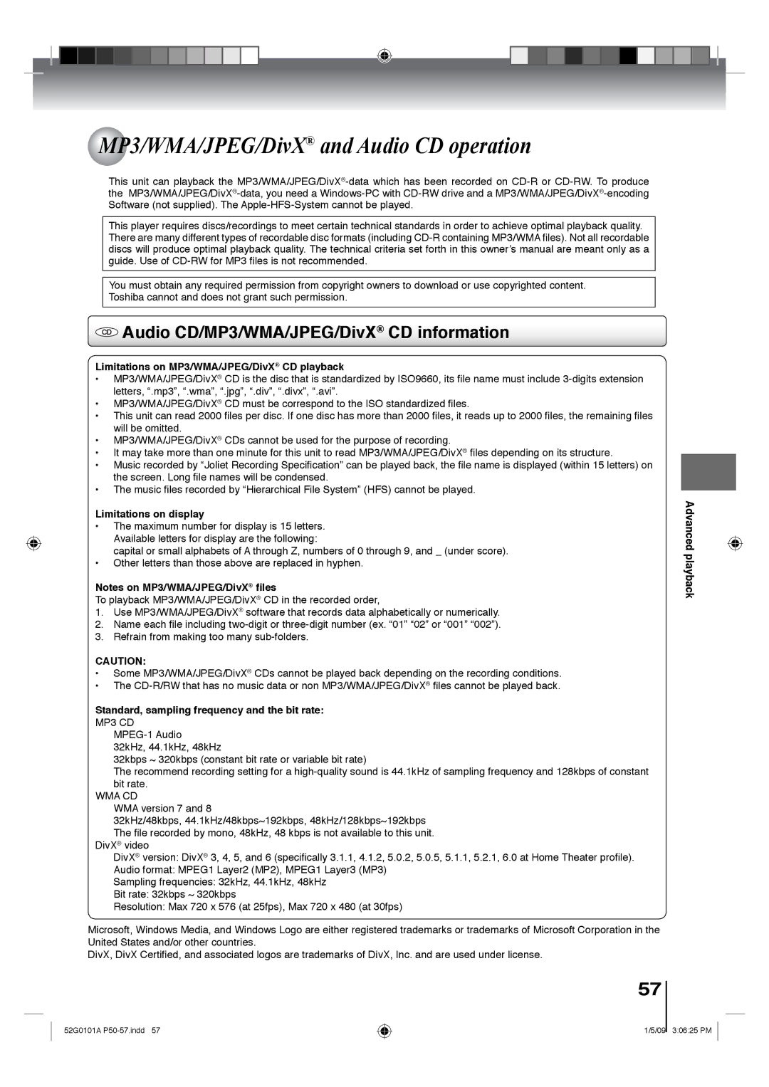 Toshiba 22LV611U, 26LV610U, 22LV610U MP3/WMA/JPEG/DivX and Audio CD operation, CD Audio CD/MP3/WMA/JPEG/DivX CD information 