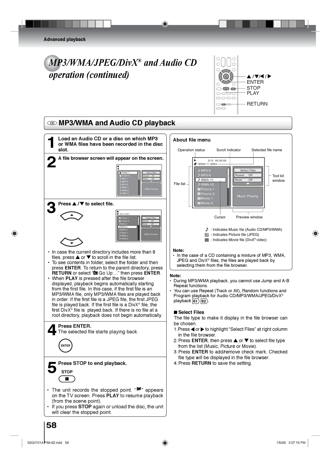 Toshiba 19LV611U CD MP3/WMA and Audio CD playback, About ﬁle menu, 4Press Enter, 5Press Stop to end playback, Select Files 