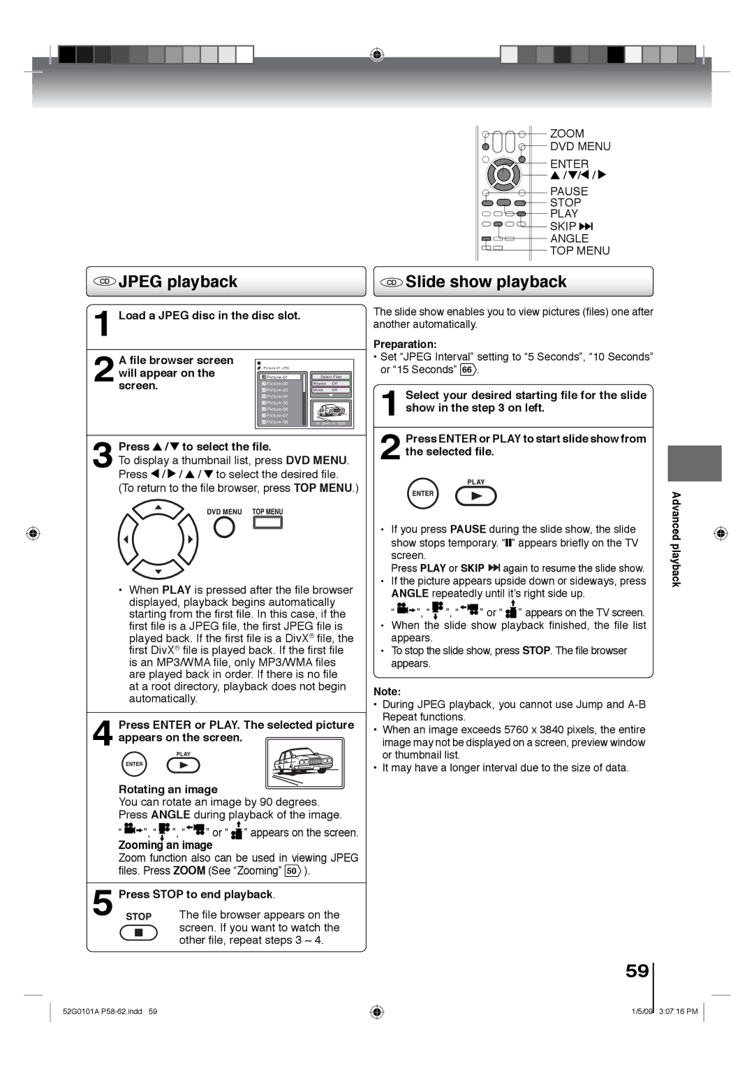 Toshiba 19LV610U, 26LV610U CD Slide show playback, Press / to select the ﬁle, Zooming an image, Press Stop to end playback 