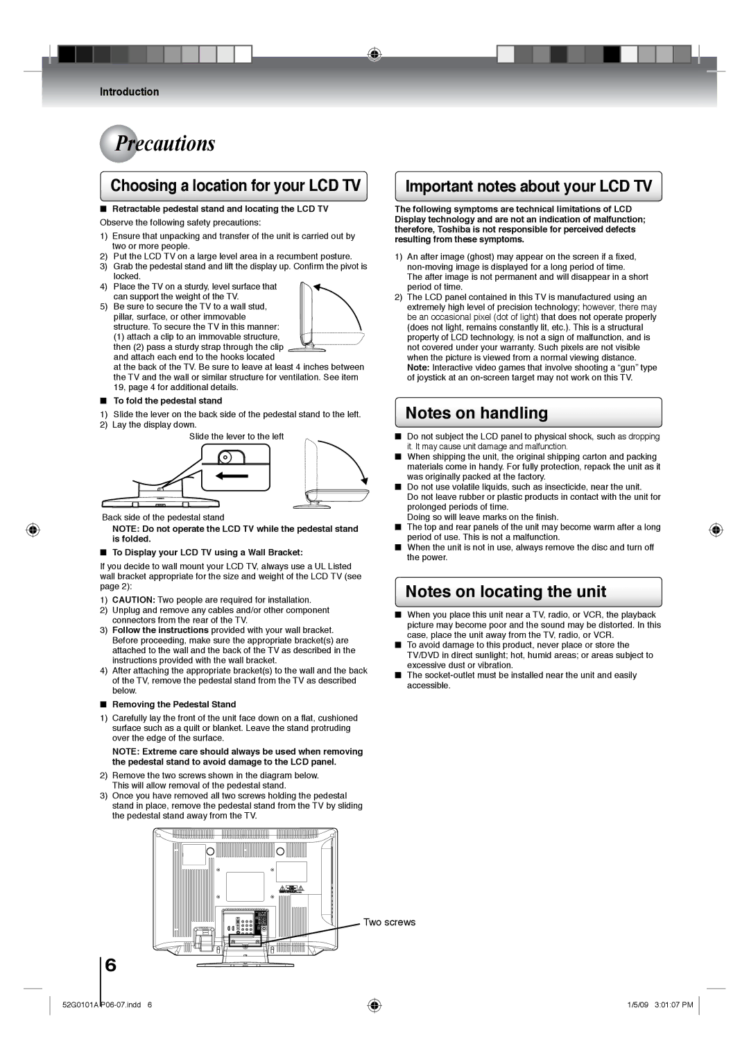 Toshiba 22LV610U, 26LV610U, 22LV611U Precautions, Choosing a location for your LCD TV, Important notes about your LCD TV 