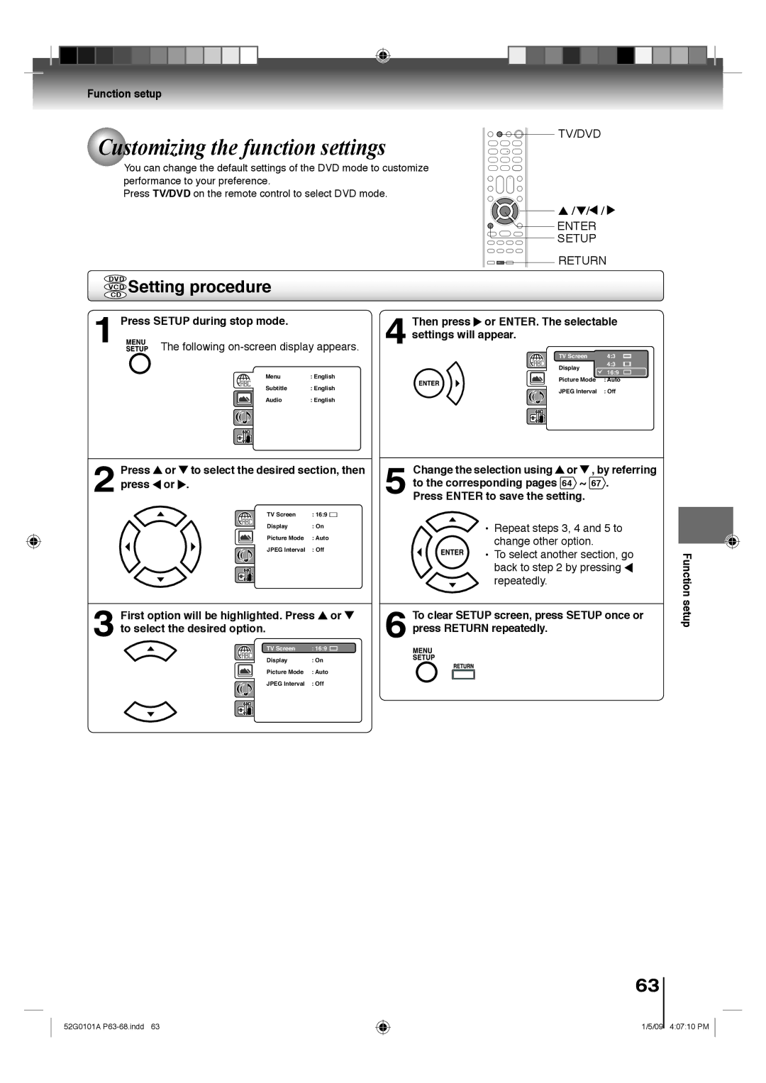 Toshiba 19LV611U, 26LV610U, 22LV610U, 22LV611U Customizing the function settings, VCD Setting procedure, Function setup 