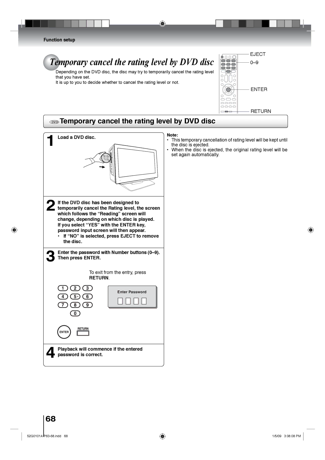 Toshiba 19LV611U, 26LV610U, 22LV610U, 22LV611U, 19LV610U DVD Temporary cancel the rating level by DVD disc, Load a DVD disc 