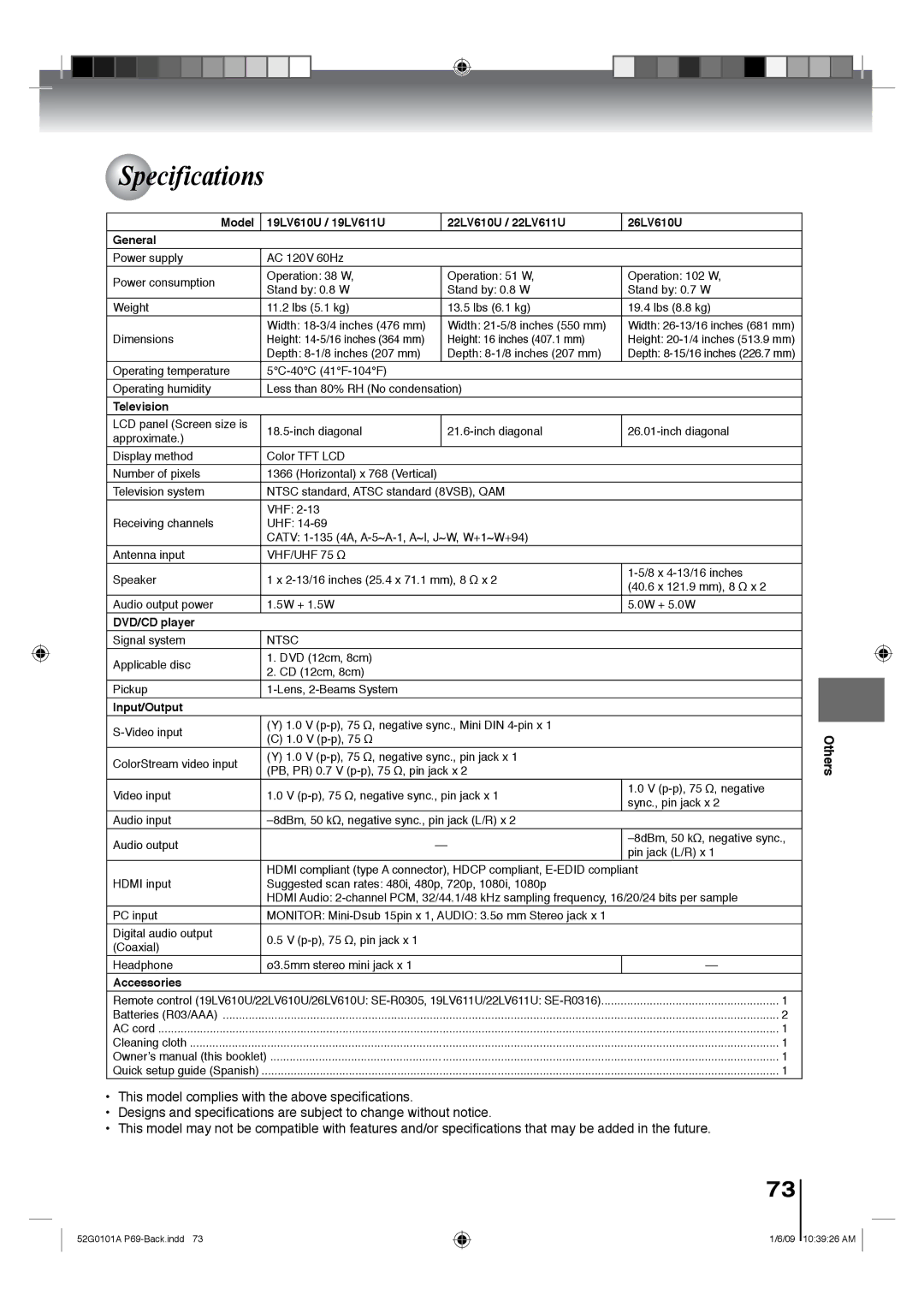 Toshiba 19LV611U, 26LV610U, 22LV610U, 22LV611U, 19LV610U owner manual Specifications 