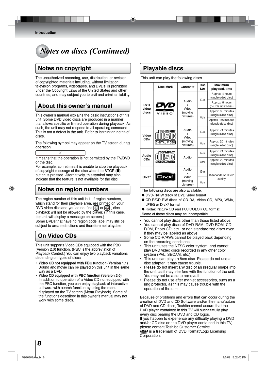 Toshiba 19LV611U, 26LV610U, 22LV610U, 22LV611U, 19LV610U owner manual About this ownerʼs manual, On Video CDs, Playable discs 