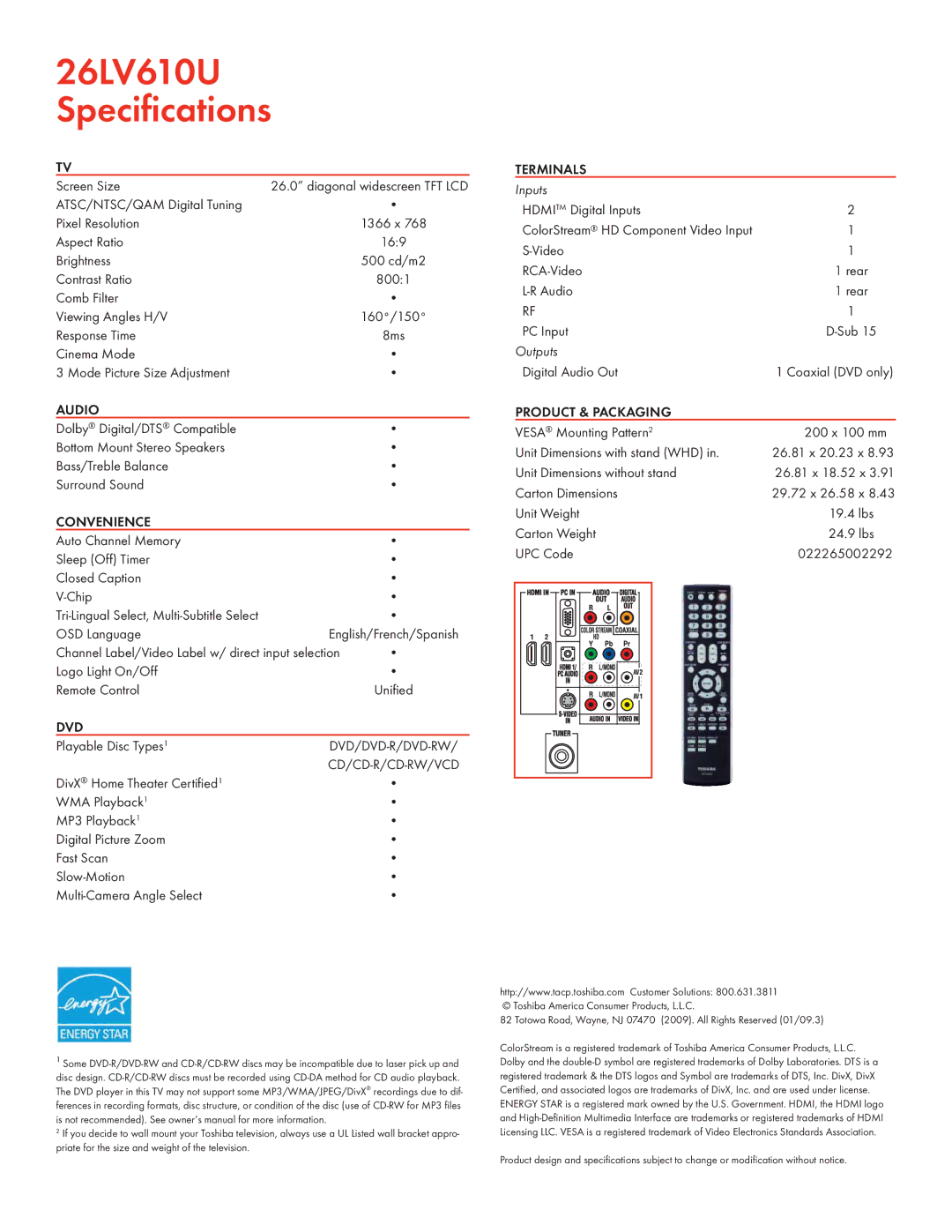 Toshiba 26LV610U manual Audio, Convenience, Dvd, Terminals, Product & Packaging 