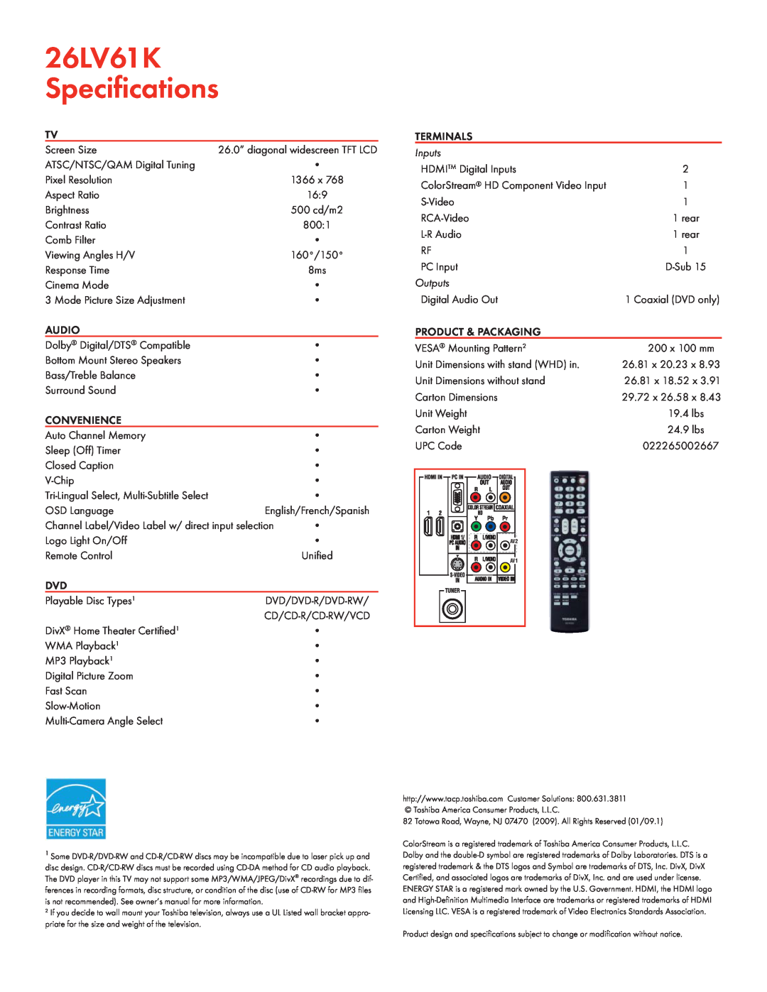 Toshiba manual 26LV61K Speciﬁcations, Audio, Convenience, Terminals, Inputs, Outputs, Product & Packaging 