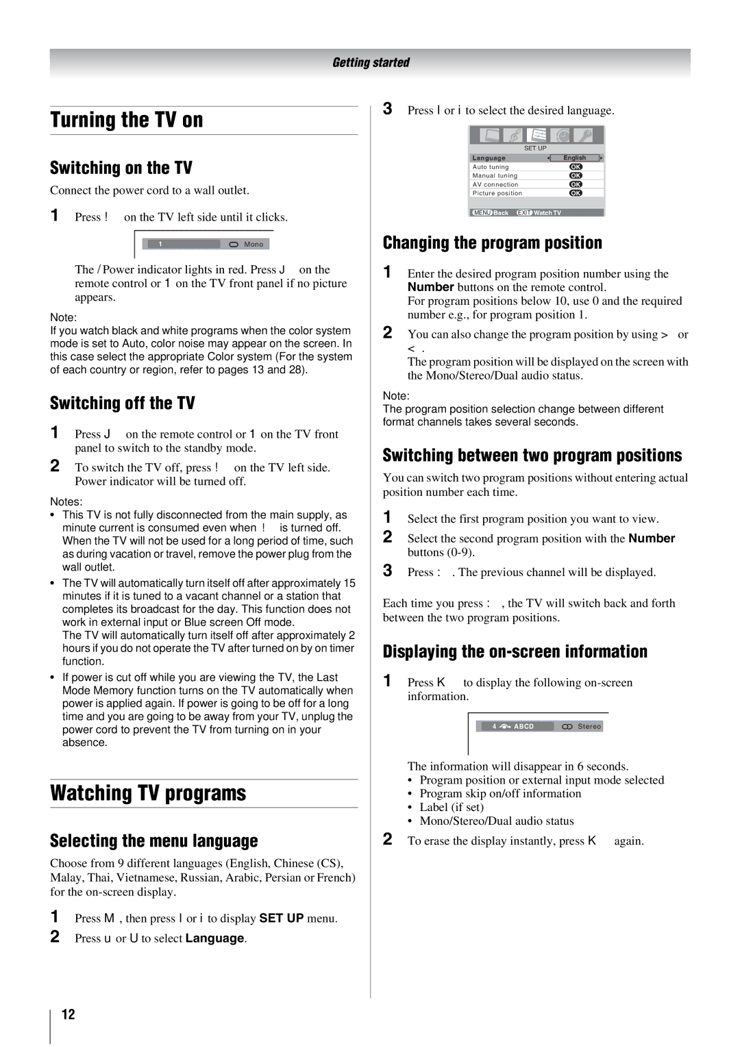 Toshiba 26WL66E, 26WL66A, 26WL66T owner manual Turning the TV on, Watching TV programs 