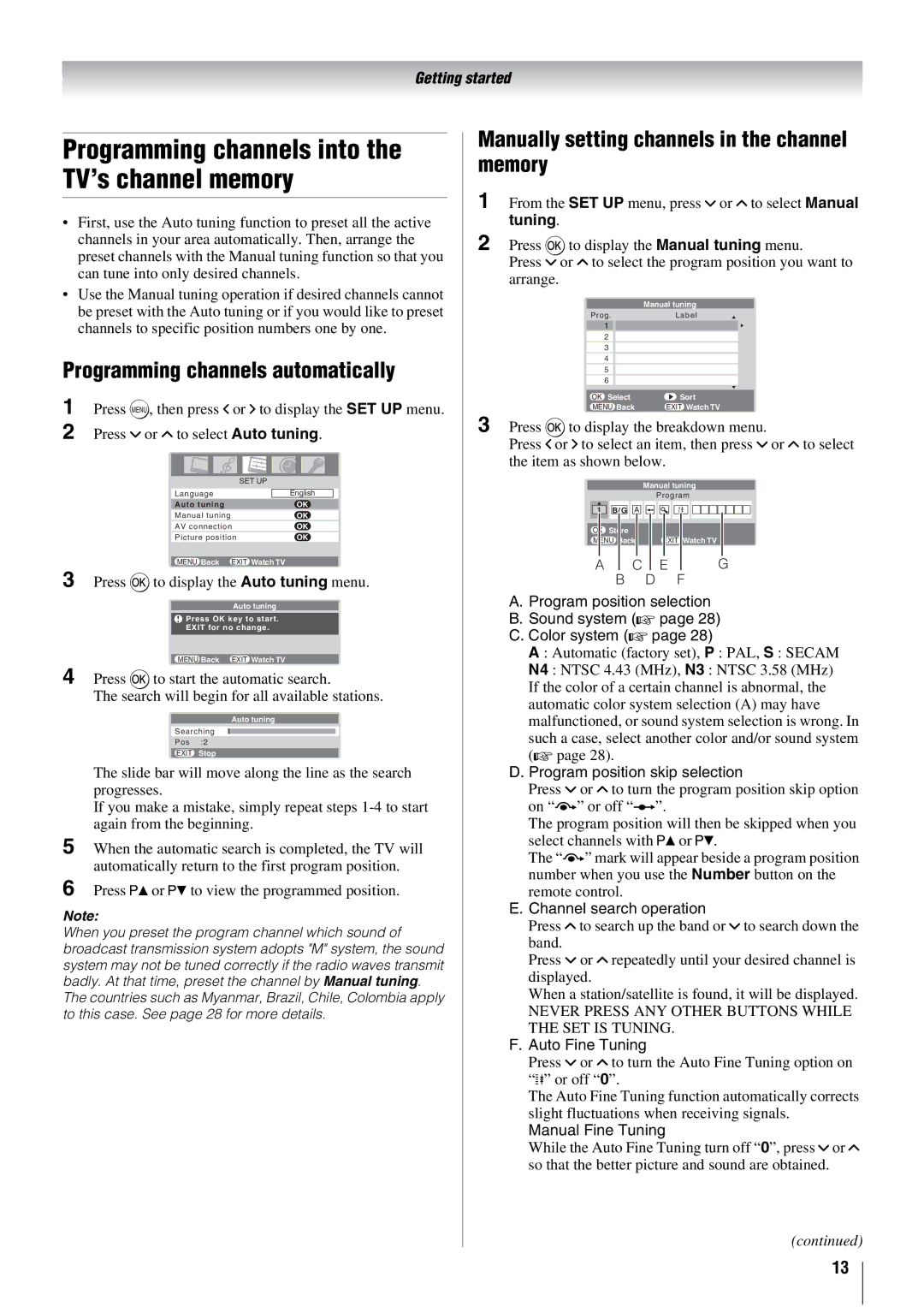 Toshiba 26WL66A, 26WL66E, 26WL66T Programming channels automatically, Manually setting channels in the channel memory 