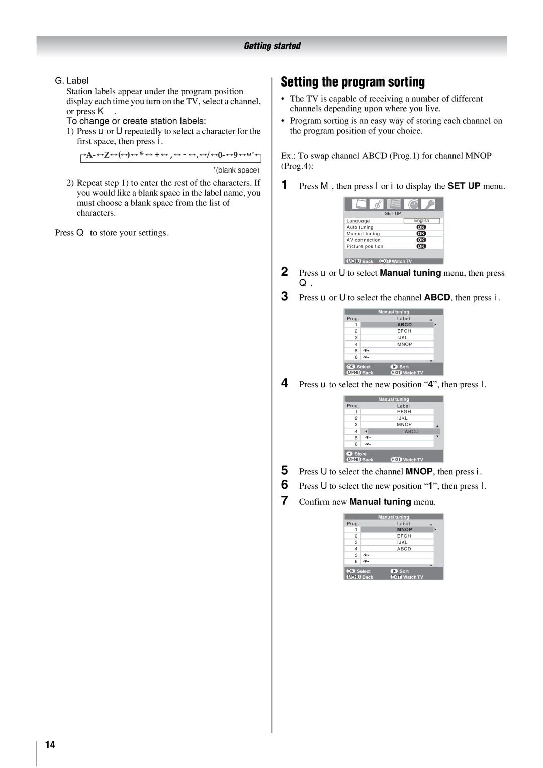 Toshiba 26WL66T, 26WL66E, 26WL66A owner manual Setting the program sorting, Press u to select the new position 4, then press 