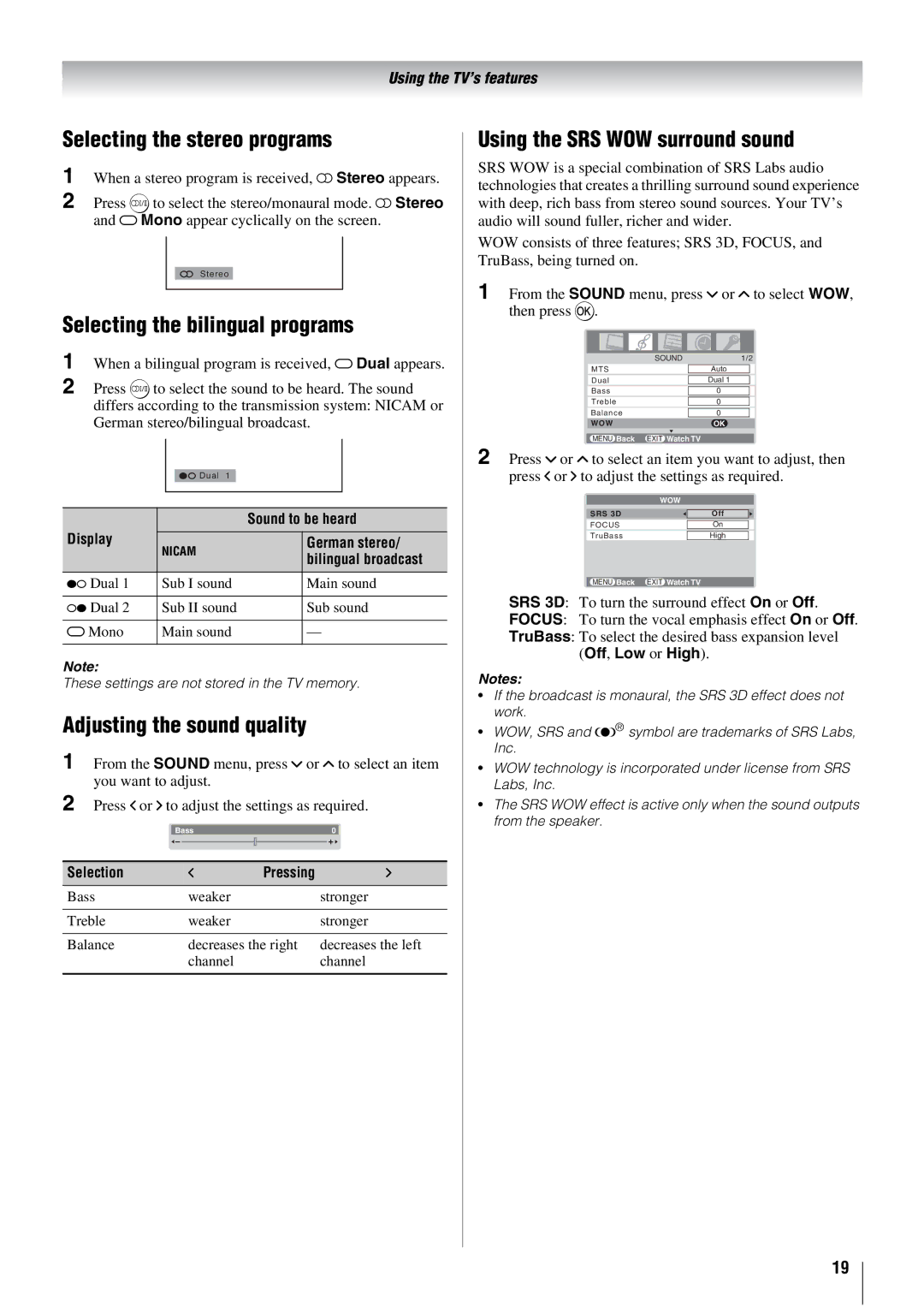 Toshiba 26WL66A, 26WL66E Selecting the stereo programs, Selecting the bilingual programs, Adjusting the sound quality 