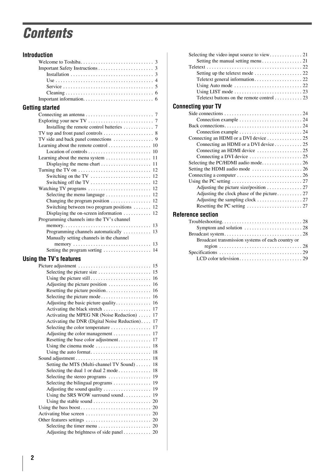 Toshiba 26WL66T, 26WL66E, 26WL66A owner manual Contents 