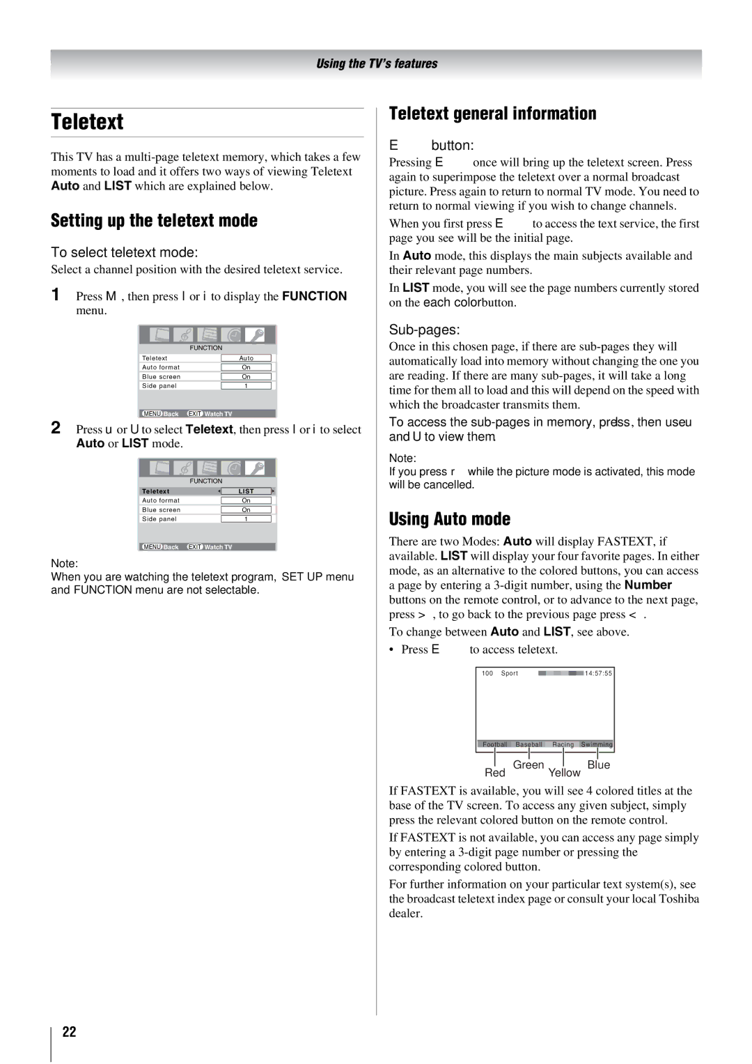 Toshiba 26WL66A, 26WL66E, 26WL66T Setting up the teletext mode, Teletext general information, Using Auto mode 