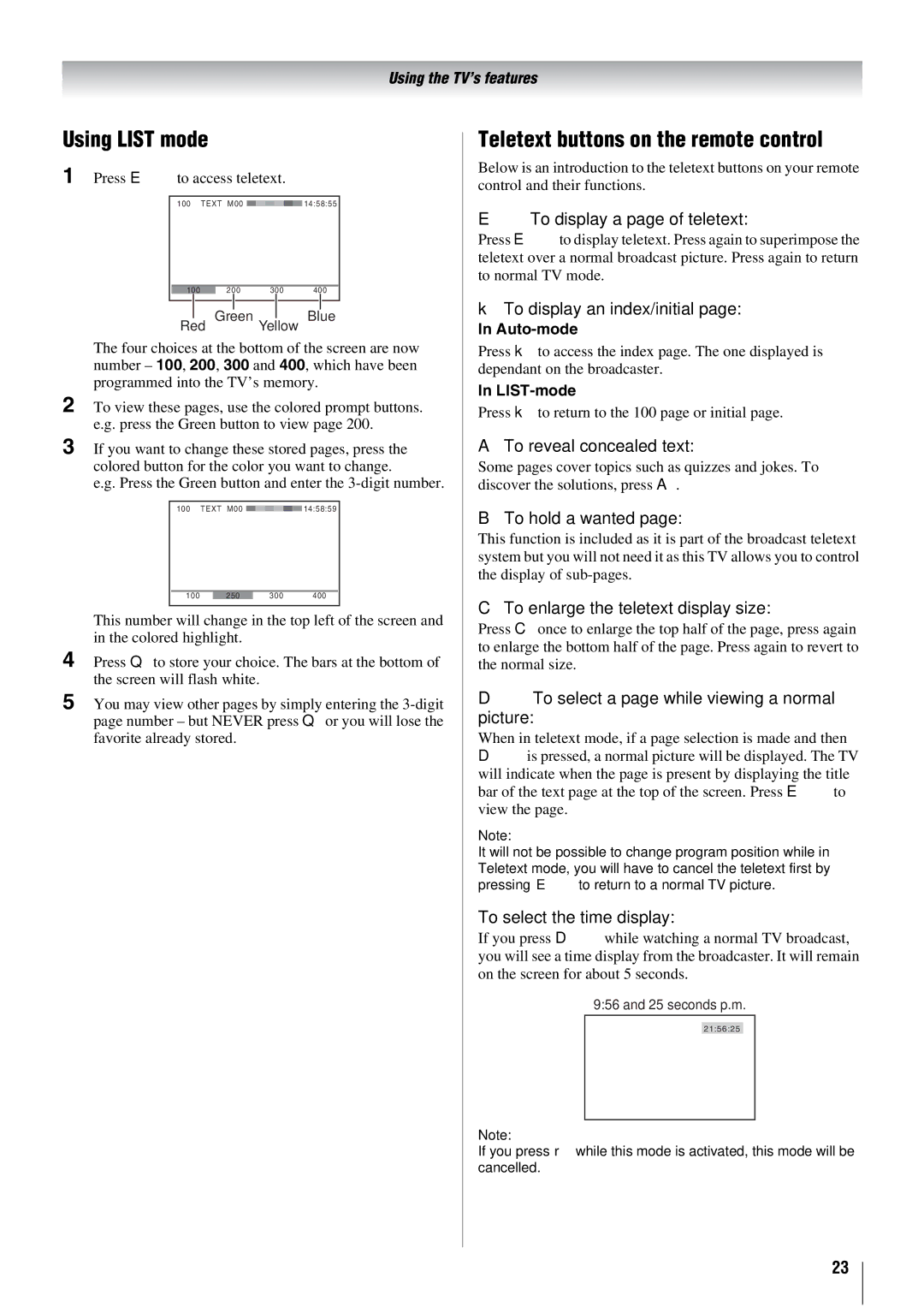 Toshiba 26WL66T, 26WL66E, 26WL66A owner manual Using List mode, Teletext buttons on the remote control 