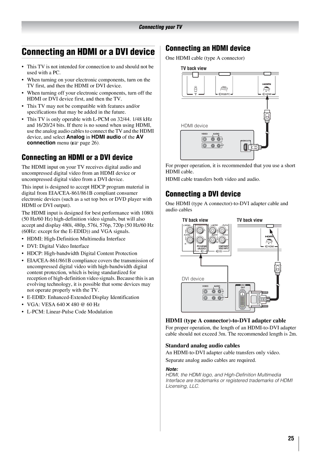 Toshiba 26WL66A, 26WL66E, 26WL66T Connecting an Hdmi or a DVI device, Connecting an Hdmi device, Connecting a DVI device 