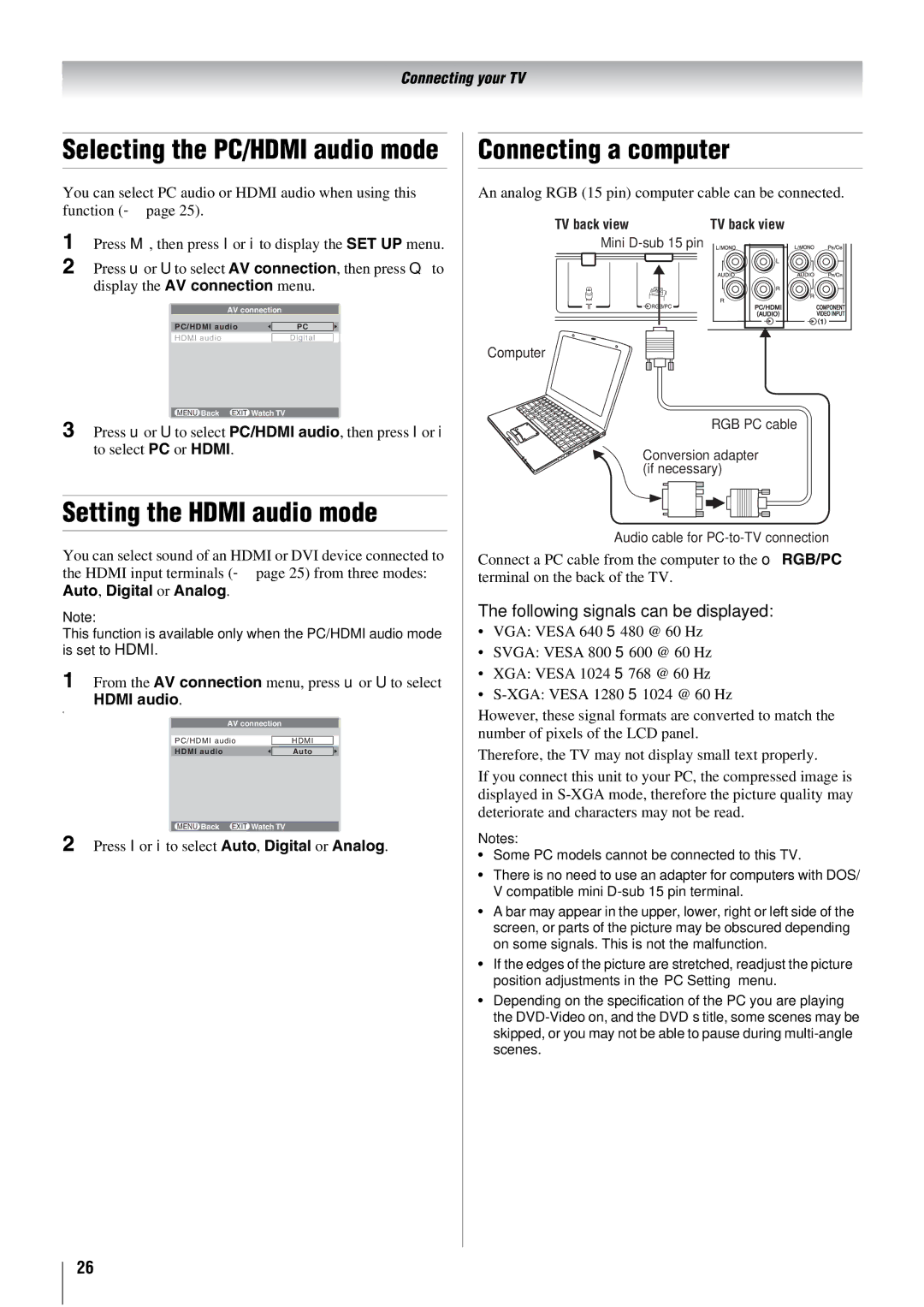 Toshiba 26WL66T, 26WL66E, 26WL66A Setting the Hdmi audio mode, Connecting a computer, Following signals can be displayed 