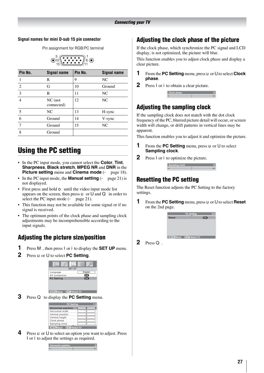 Toshiba 26WL66E Using the PC setting, Adjusting the picture size/position, Adjusting the clock phase of the picture 