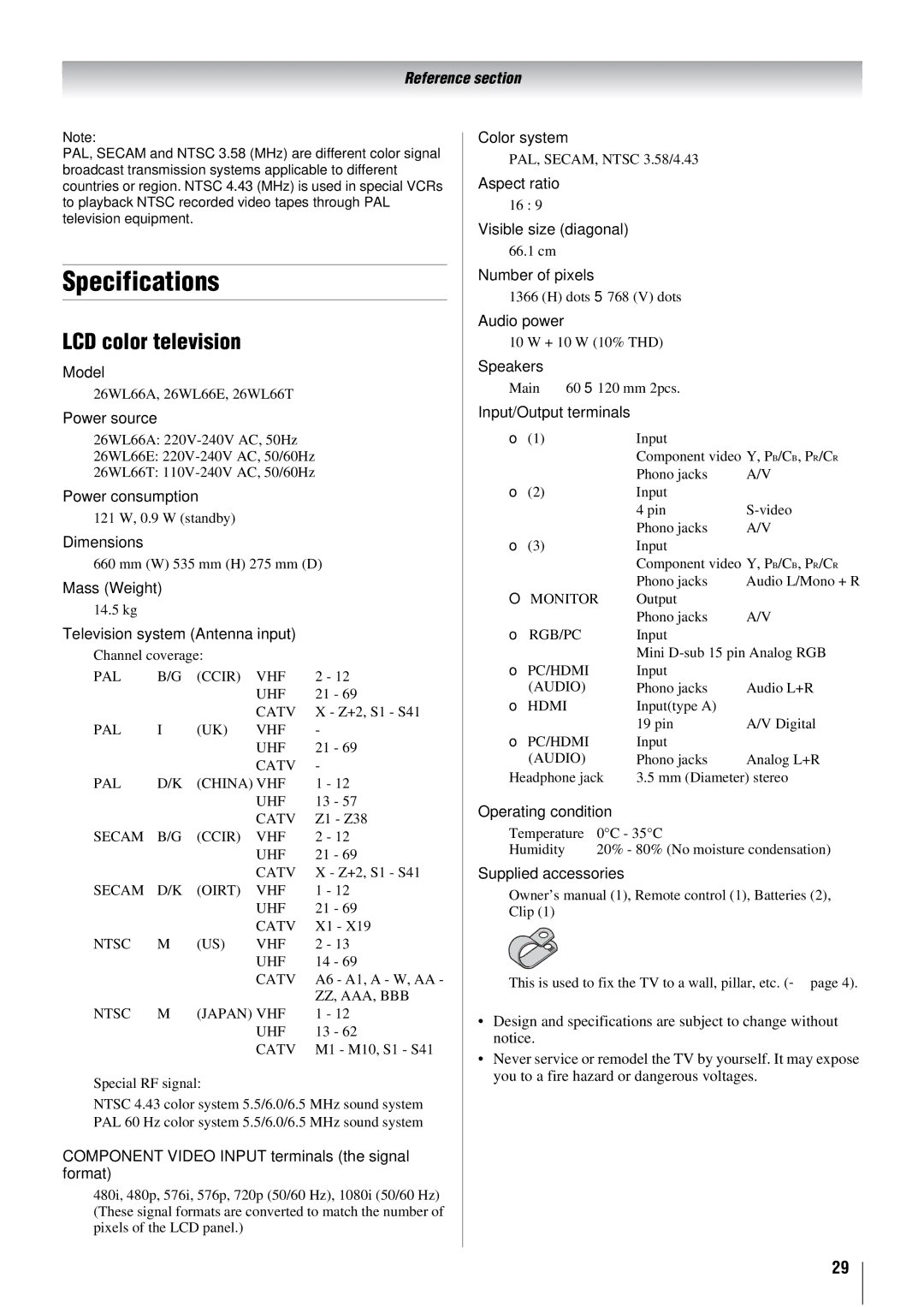 Toshiba 26WL66T, 26WL66E, 26WL66A owner manual Specifications, LCD color television 