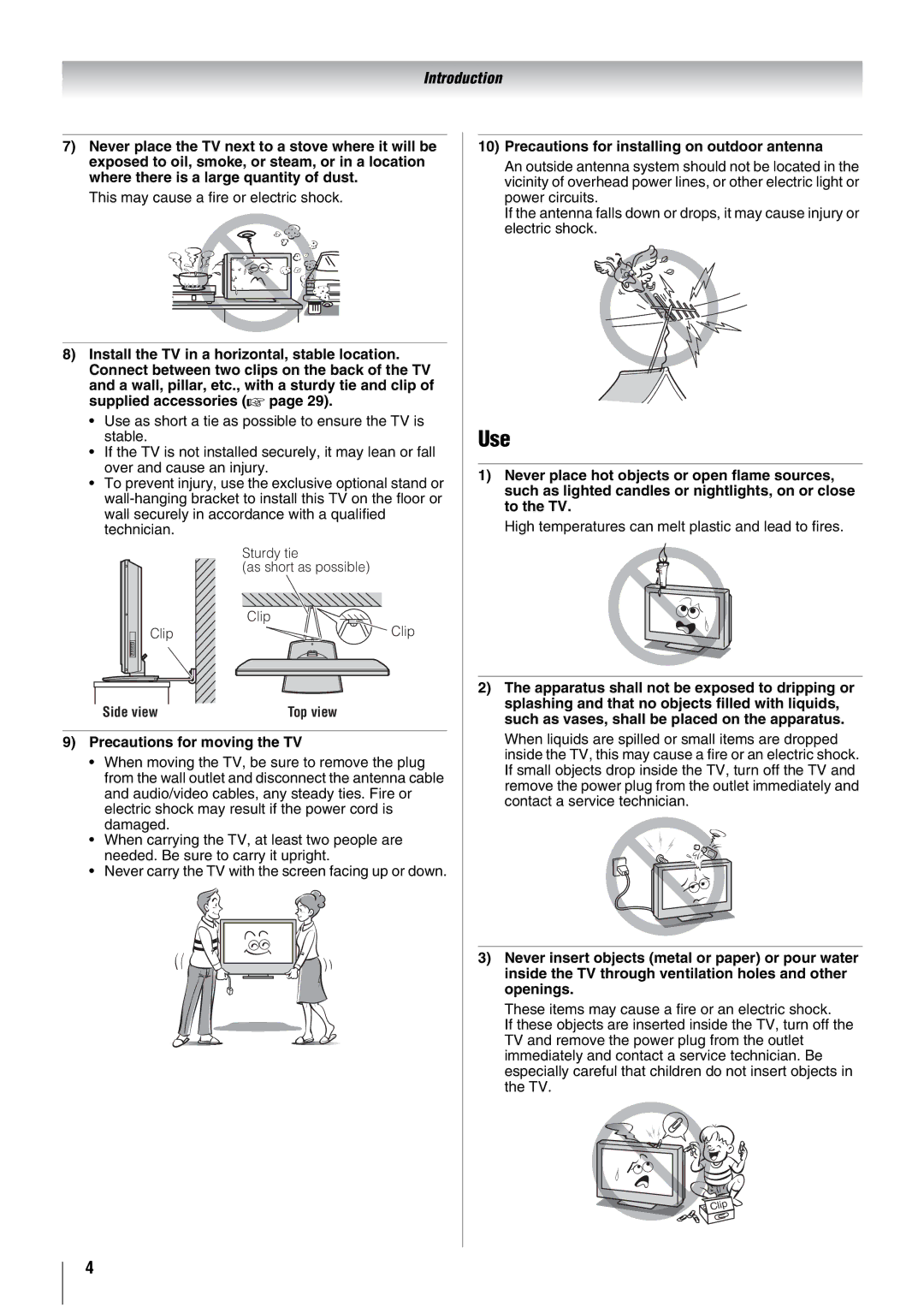 Toshiba 26WL66A, 26WL66E, 26WL66T Use, Precautions for moving the TV, Precautions for installing on outdoor antenna 