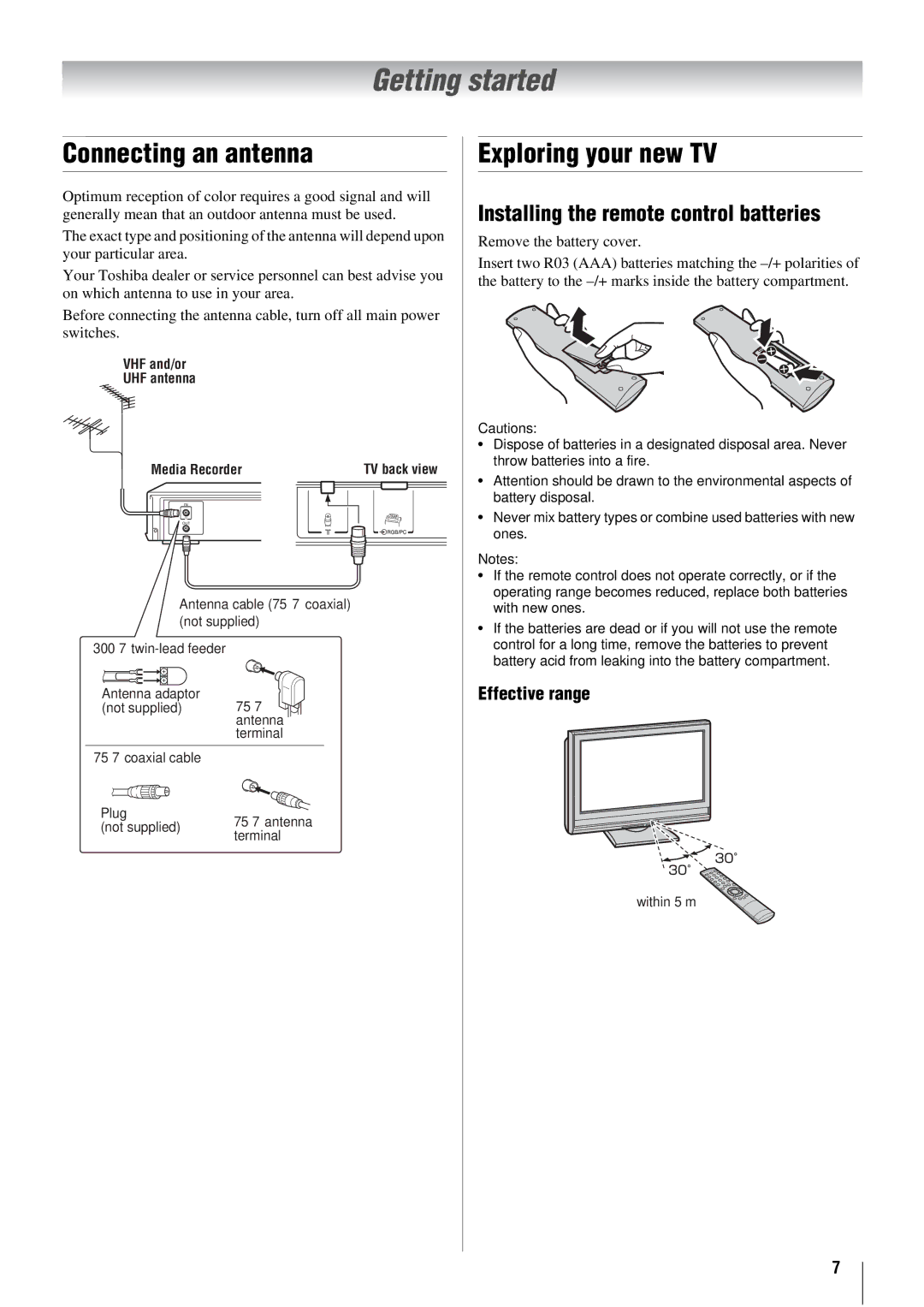 Toshiba 26WL66A Getting started, Connecting an antenna, Exploring your new TV, Installing the remote control batteries 