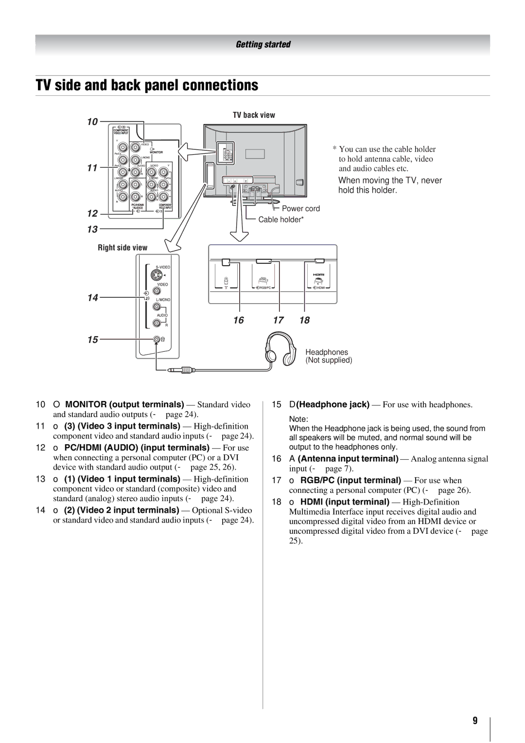 Toshiba 26WL66E, 26WL66A, 26WL66T owner manual TV side and back panel connections, 16 17 