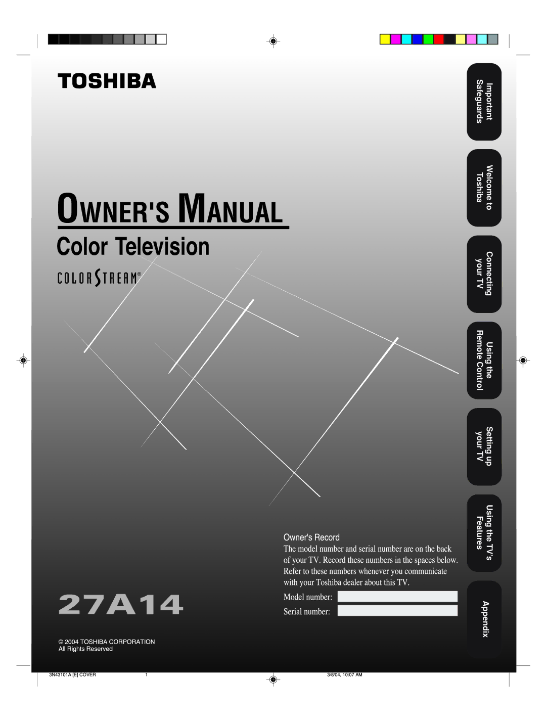 Toshiba 27A14 appendix Your TVSetting up, Appendix 