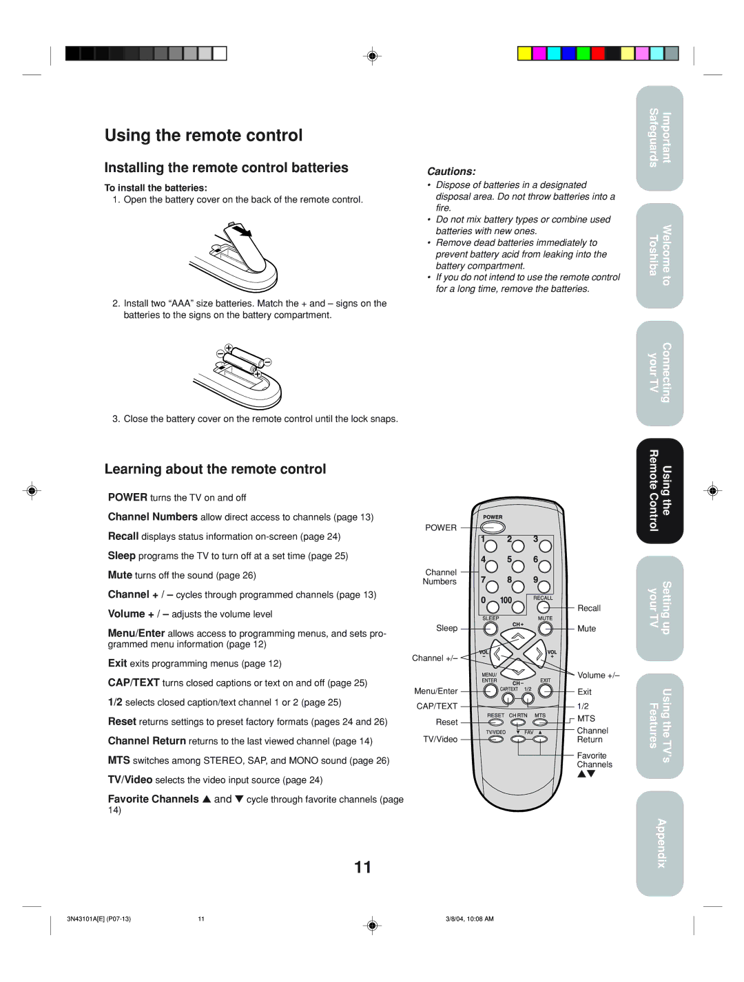 Toshiba 27A14 appendix Using the remote control, Installing the remote control batteries, Learning about the remote control 