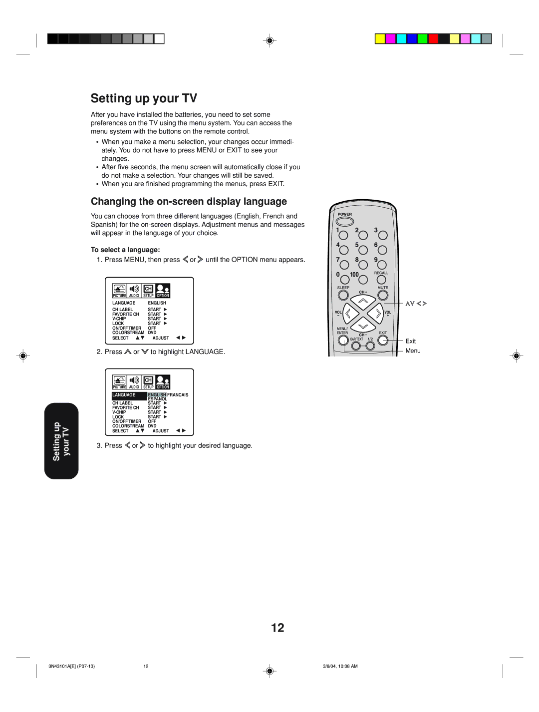 Toshiba 27A14 appendix Setting up your TV, Changing the on-screen display language, To select a language, Press 