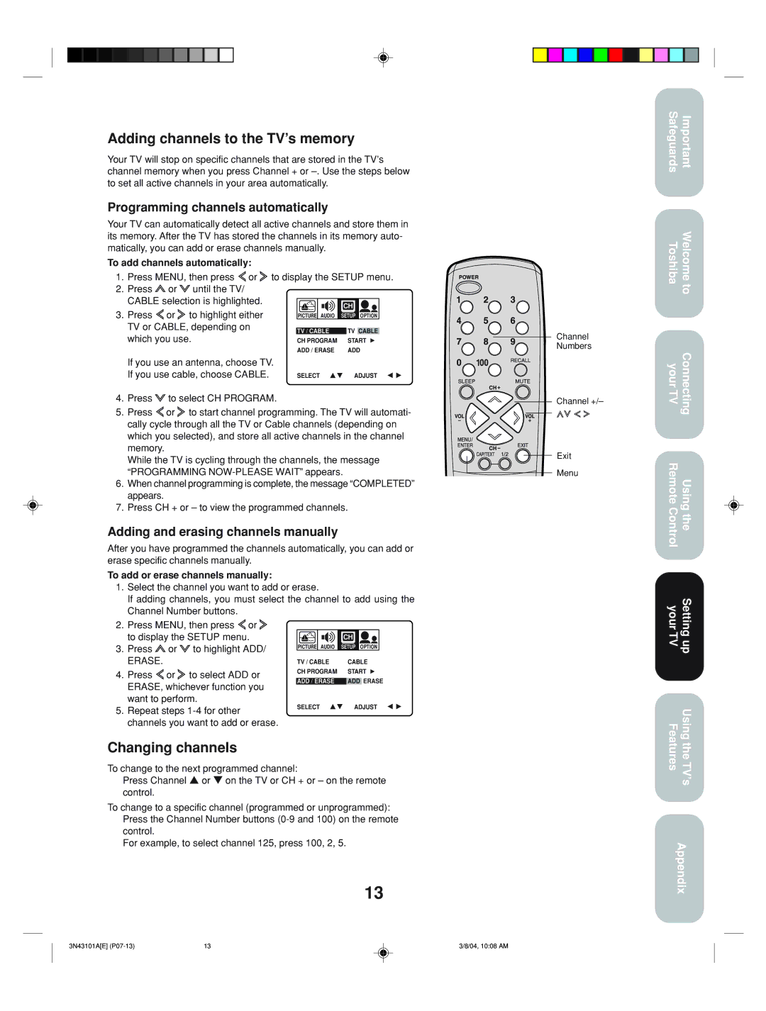 Toshiba 27A14 appendix Adding channels to the TV’s memory, Changing channels, Programming channels automatically 