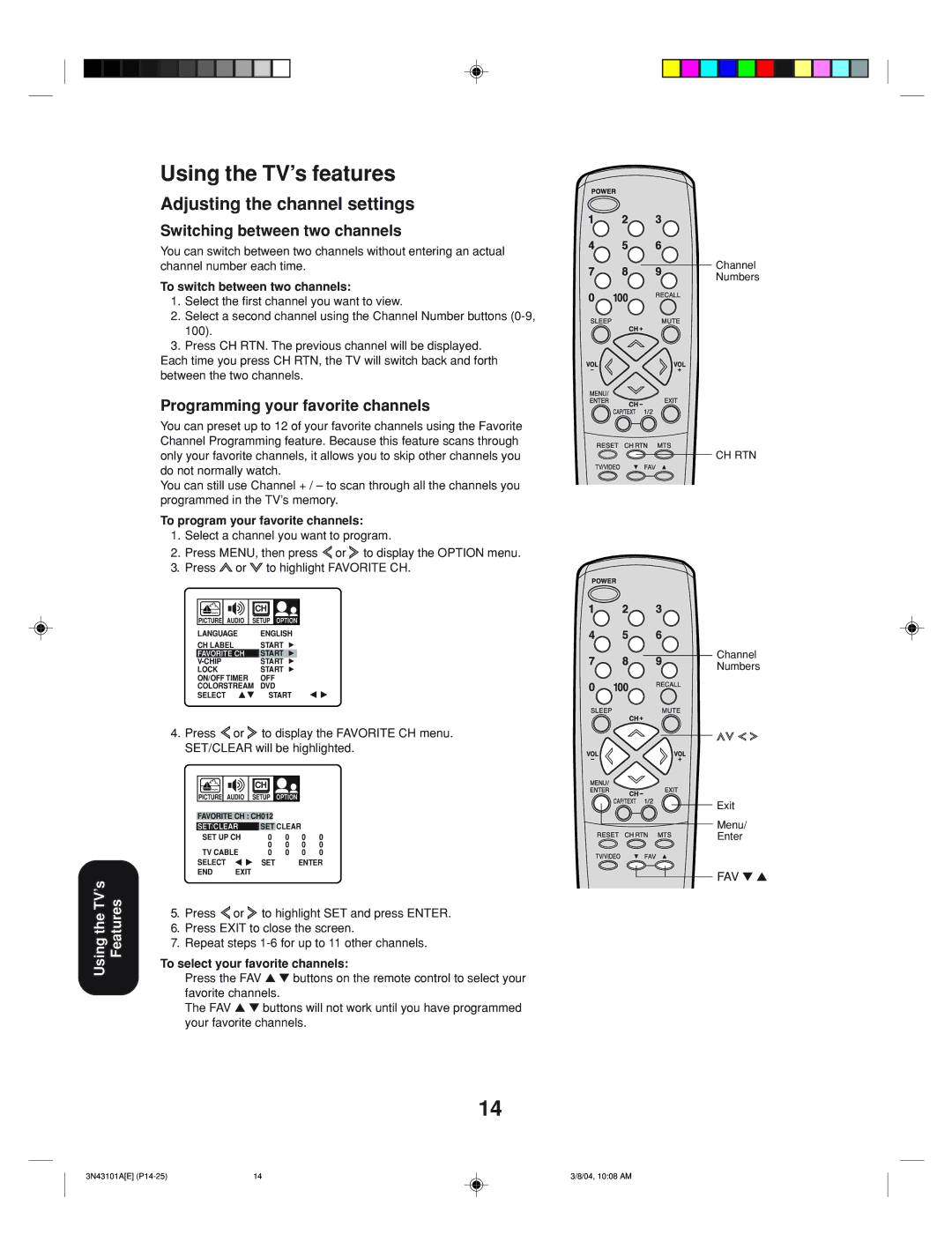 Toshiba 27A14 appendix Using the TV’s features, Adjusting the channel settings, Switching between two channels 