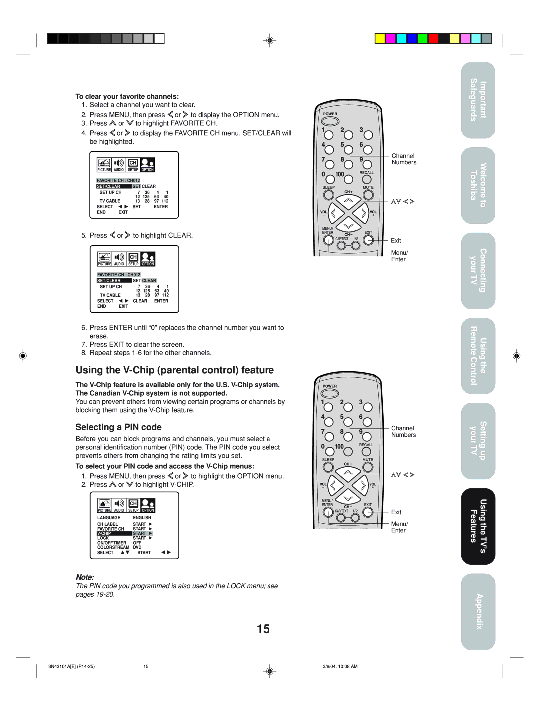 Toshiba 27A14 appendix Using the V-Chip parental control feature, Selecting a PIN code, TV’s Appendix 