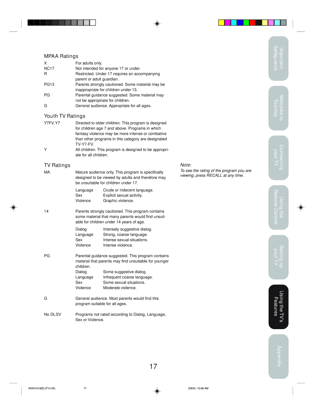 Toshiba 27A14 appendix Mpaa Ratings, Youth TV Ratings 