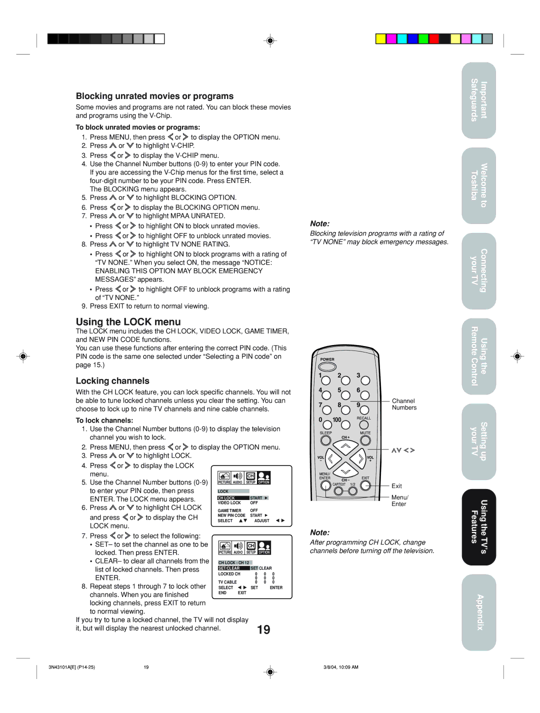 Toshiba 27A14 appendix Using the Lock menu, Blocking unrated movies or programs, Locking channels 