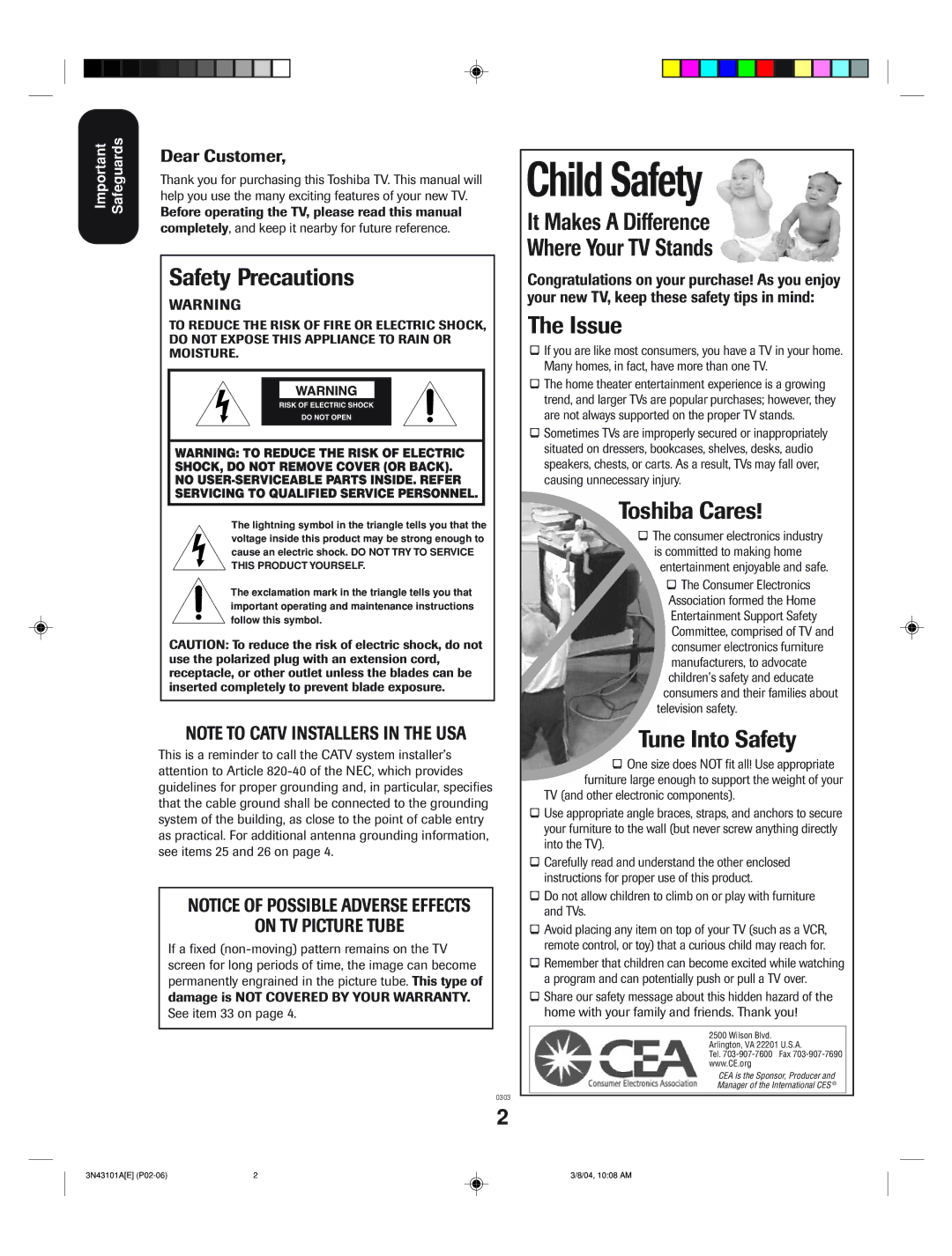 Toshiba 27A14 appendix Dear Customer, Safeguards 