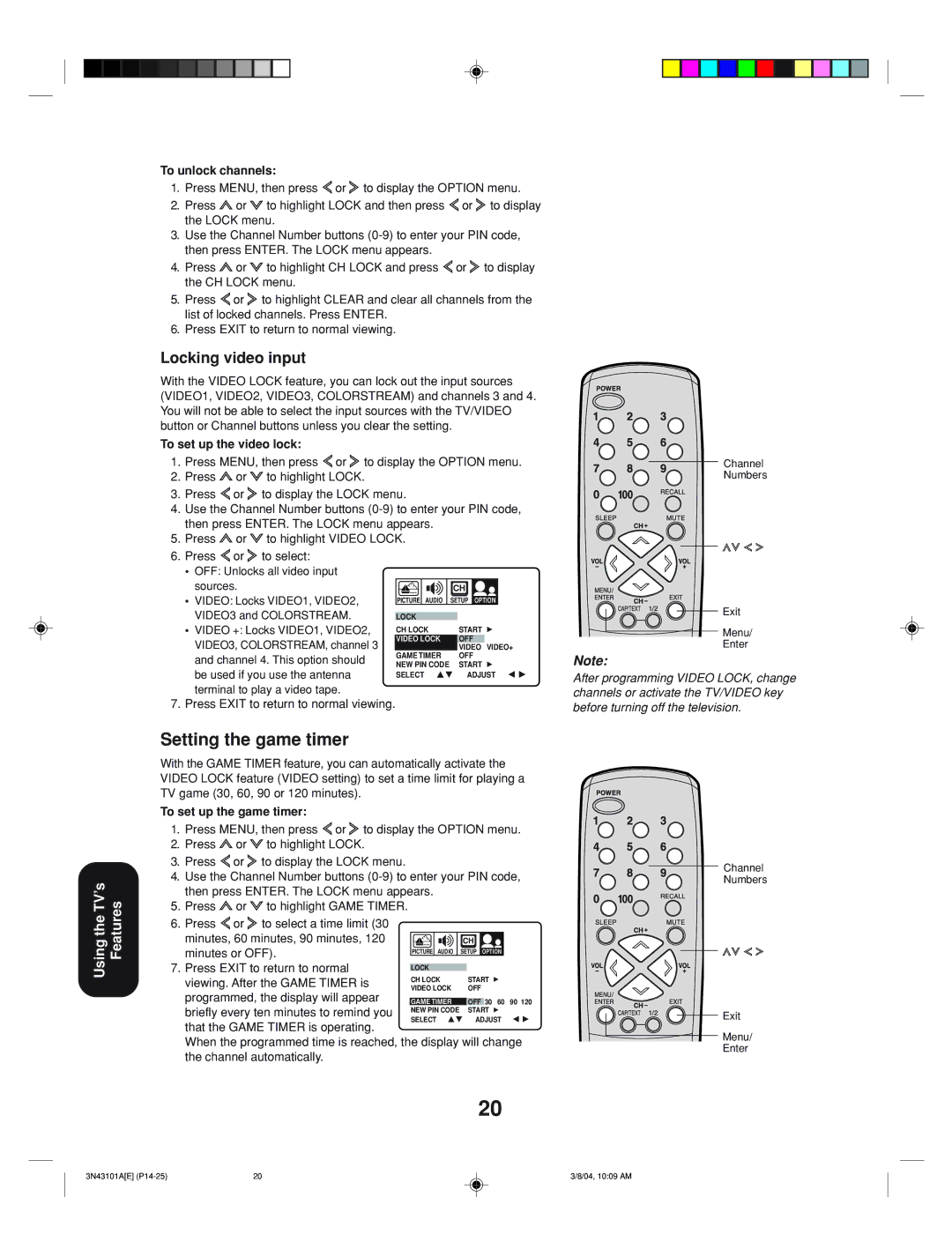 Toshiba 27A14 appendix Setting the game timer, Locking video input, To unlock channels, To set up the video lock 