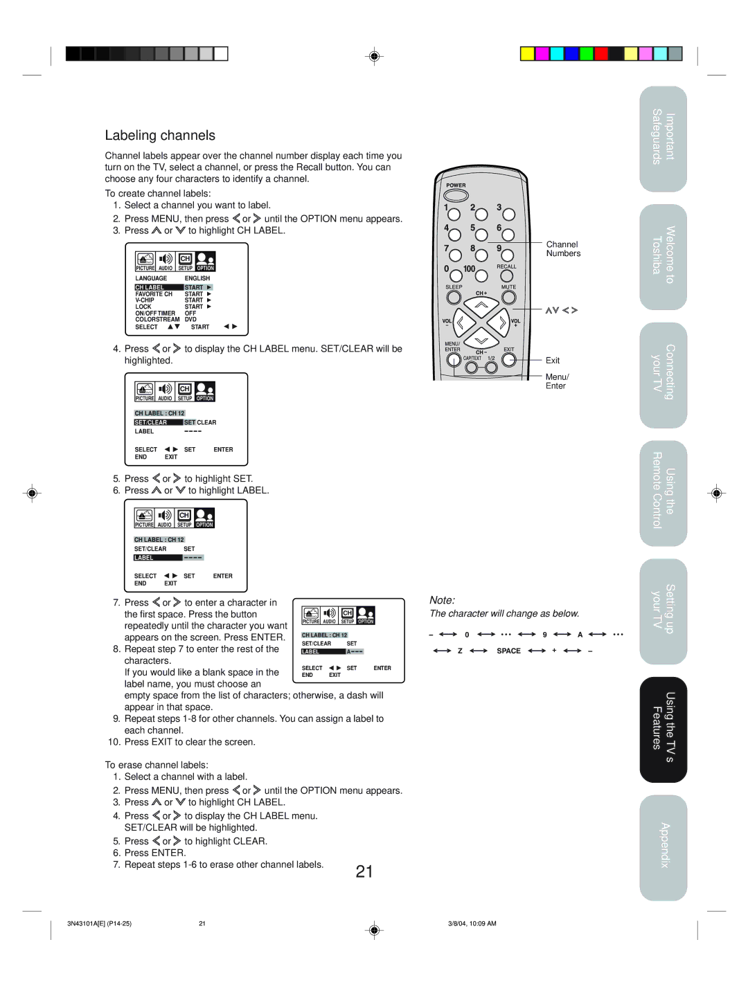 Toshiba 27A14 appendix Labeling channels 