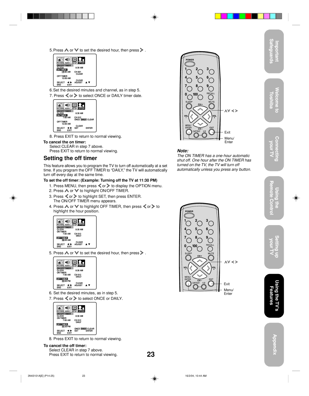 Toshiba 27A14 appendix Setting the off timer, Press or to set the desired hour, then press, To cancel the on timer 