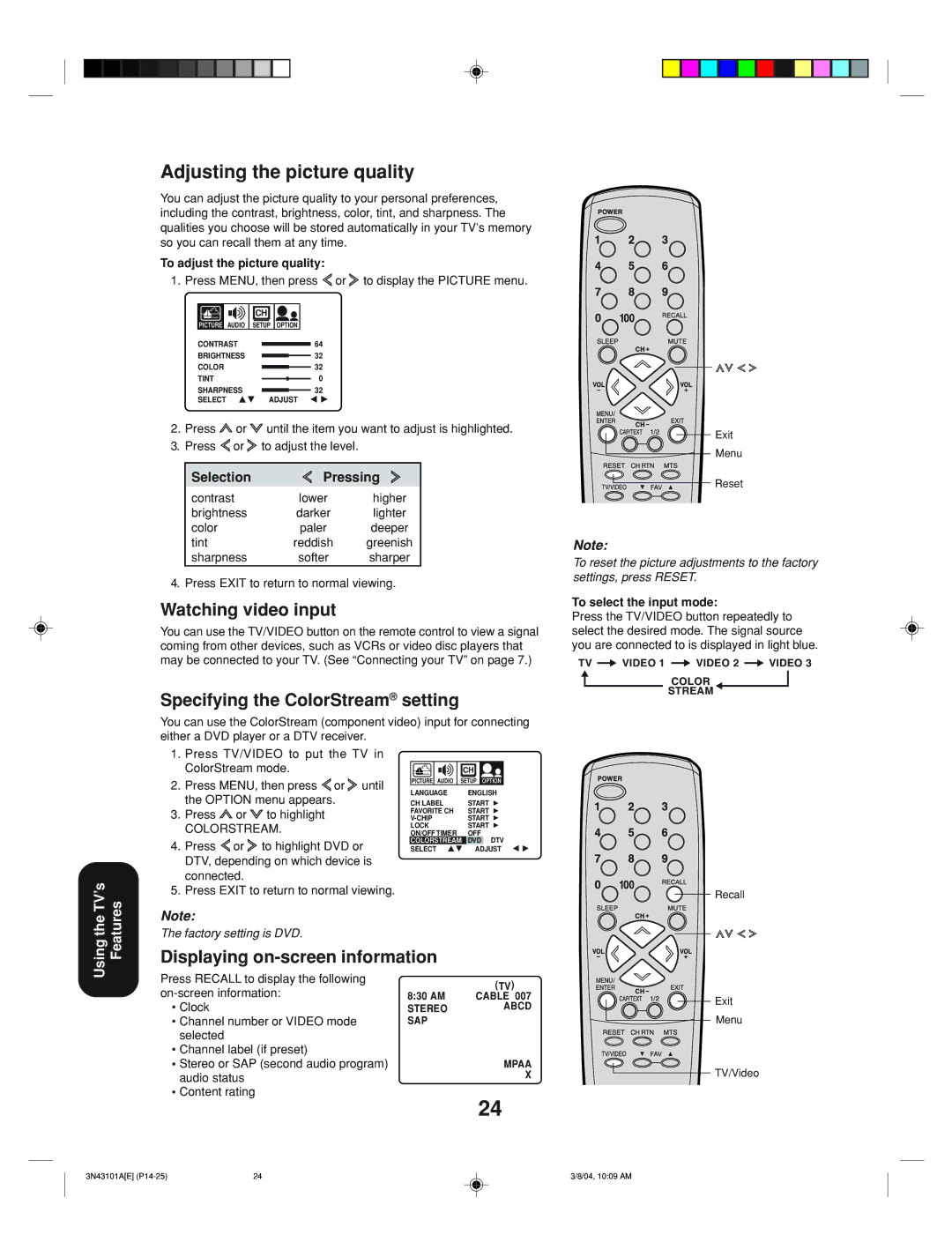 Toshiba 27A14 appendix Watching video input, Specifying the ColorStream setting, Displaying on-screen information 