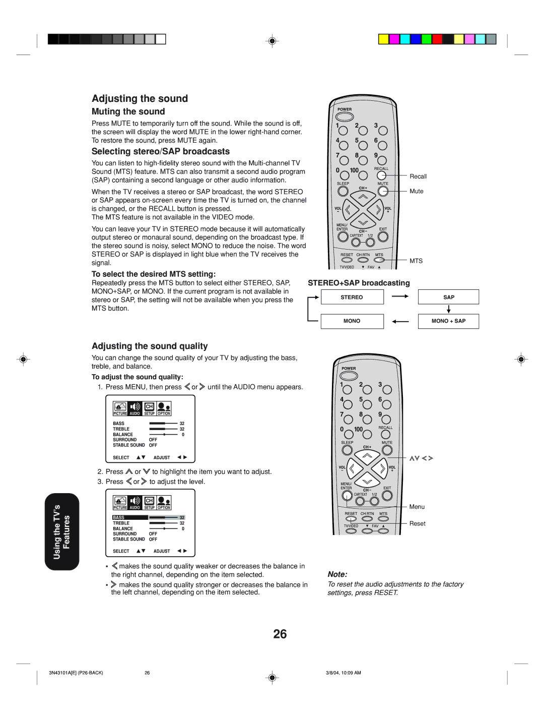 Toshiba 27A14 appendix Muting the sound, Selecting stereo/SAP broadcasts, Adjusting the sound quality 