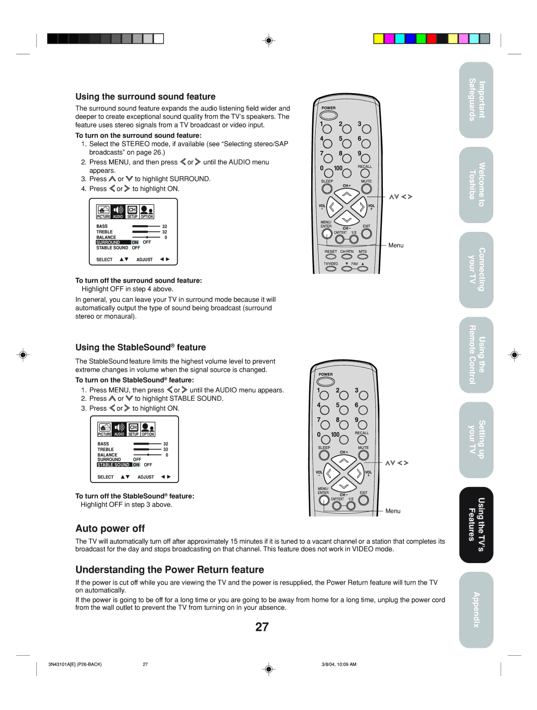 Toshiba 27A14 appendix Auto power off, Understanding the Power Return feature, Using the surround sound feature 