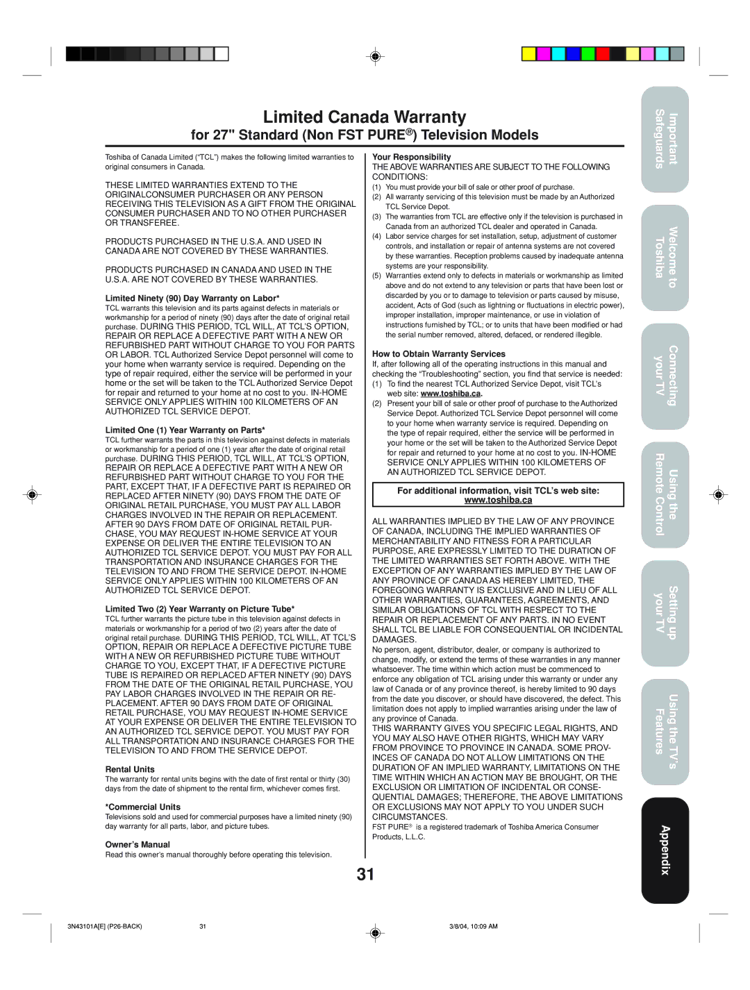 Toshiba 27A14 appendix Limited Canada Warranty, Above Warranties are Subject to the Following Conditions 