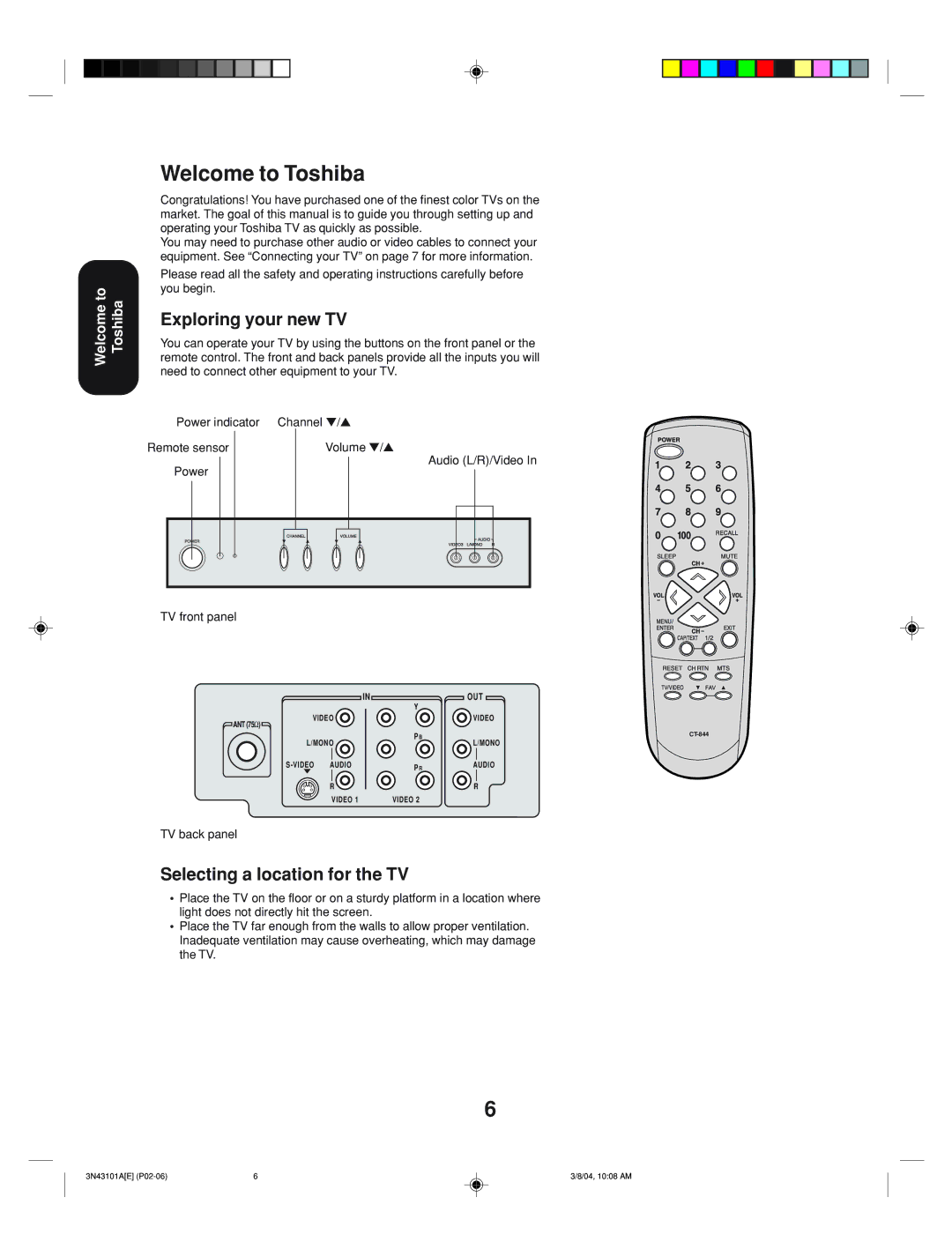 Toshiba 27A14 appendix Welcome to Toshiba, Exploring your new TV, Selecting a location for the TV 