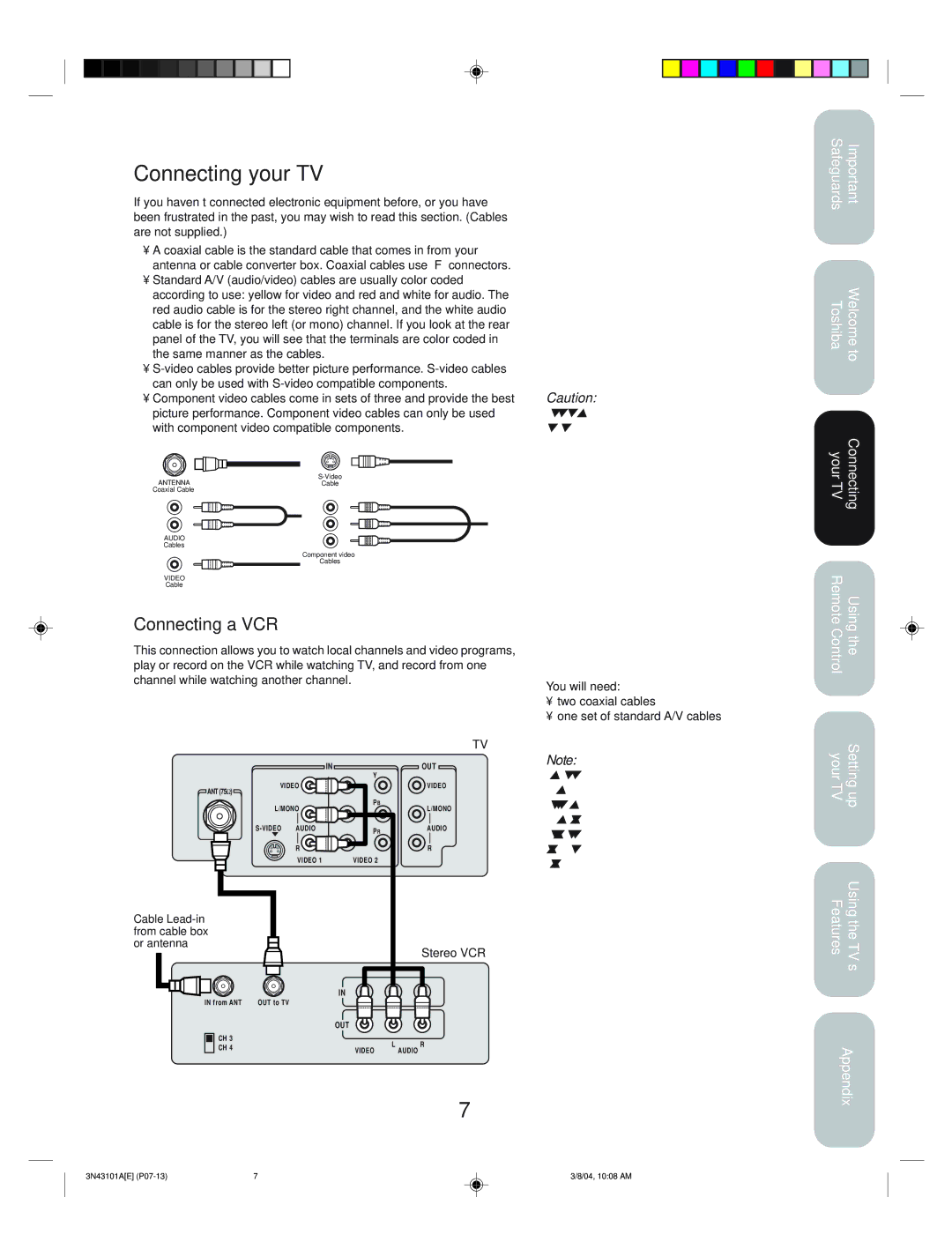 Toshiba 27A14 Connecting your TV, Connecting a VCR, Safeguards Toshiba Welcome to, Your TV Remote Control Connecting Using 