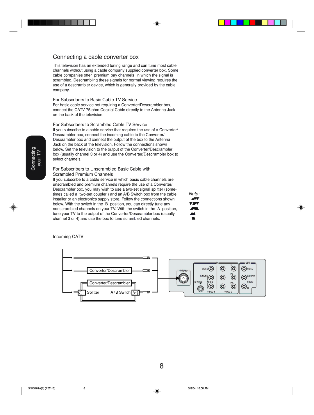 Toshiba 27A14 appendix Connecting a cable converter box, Converter/Descrambler Splitter Switch a B 