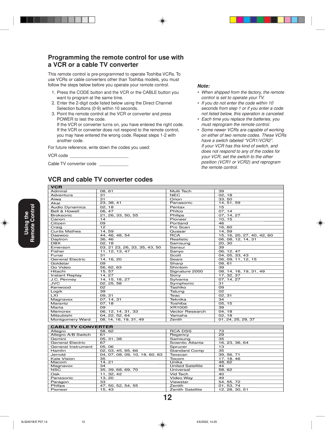 Toshiba 27A32 appendix VCR and cable TV converter codes, Vcr 