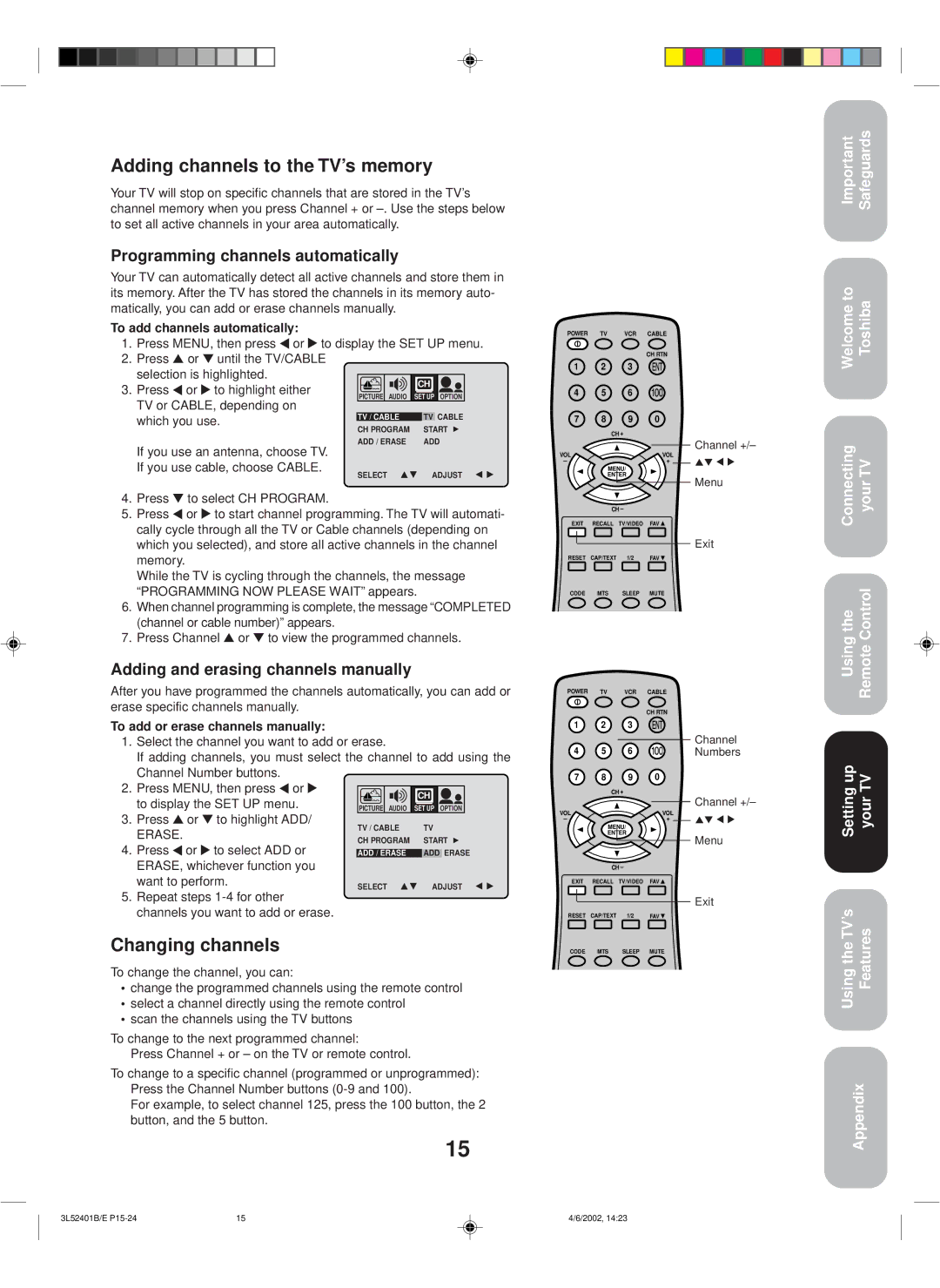 Toshiba 27A32 appendix Adding channels to the TV’s memory, Changing channels, Programming channels automatically 