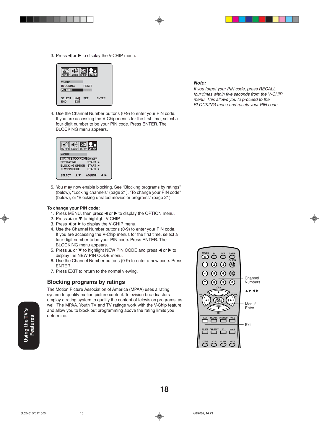 Toshiba 27A32 appendix Blocking programs by ratings, Press or to display the V-CHIP menu, To change your PIN code 