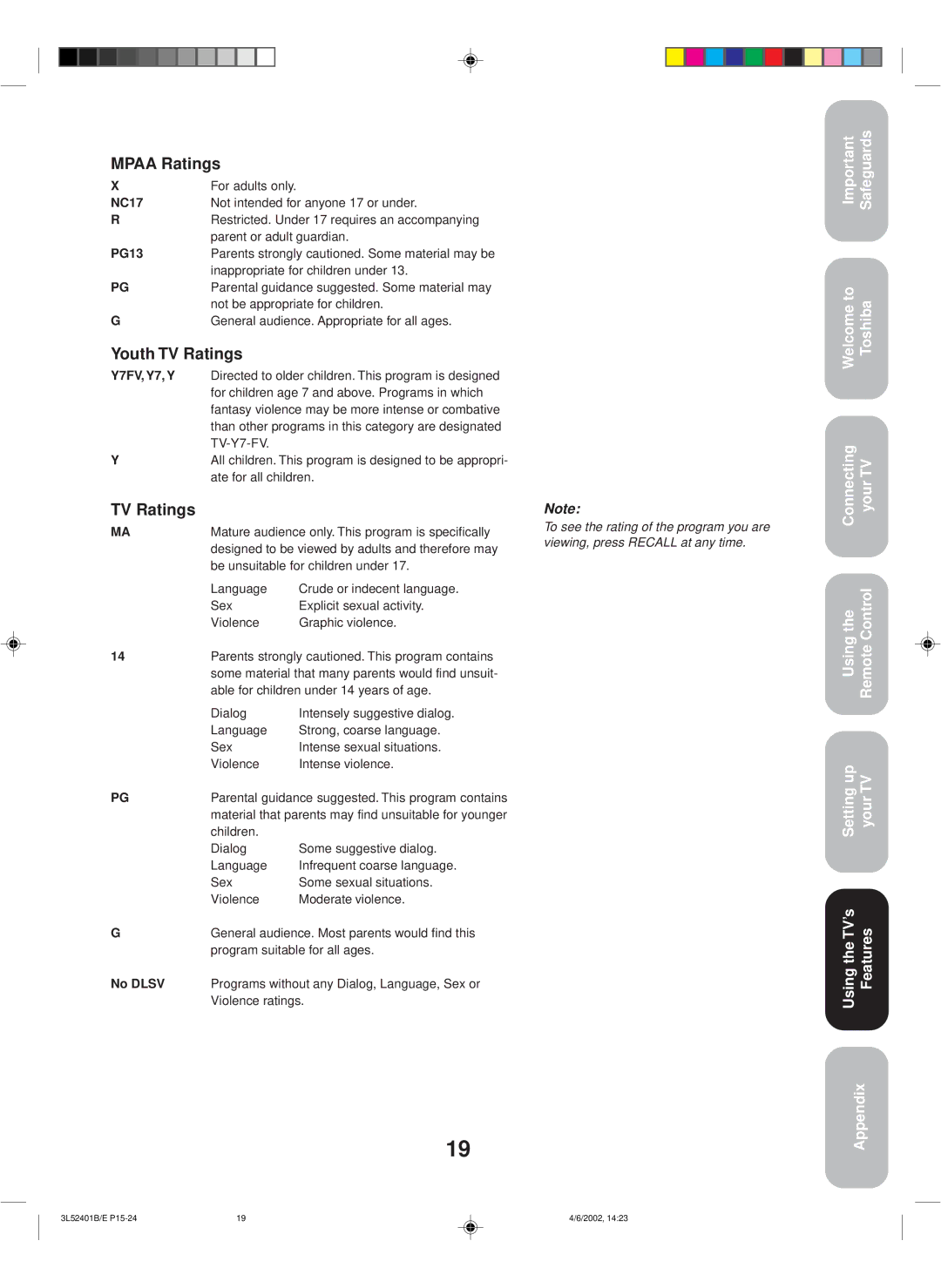 Toshiba 27A32 appendix Mpaa Ratings, Youth TV Ratings 