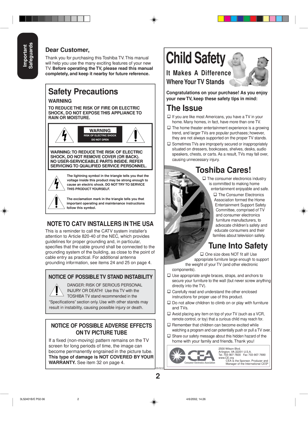 Toshiba 27A32 appendix Dear Customer, Families about television safety 